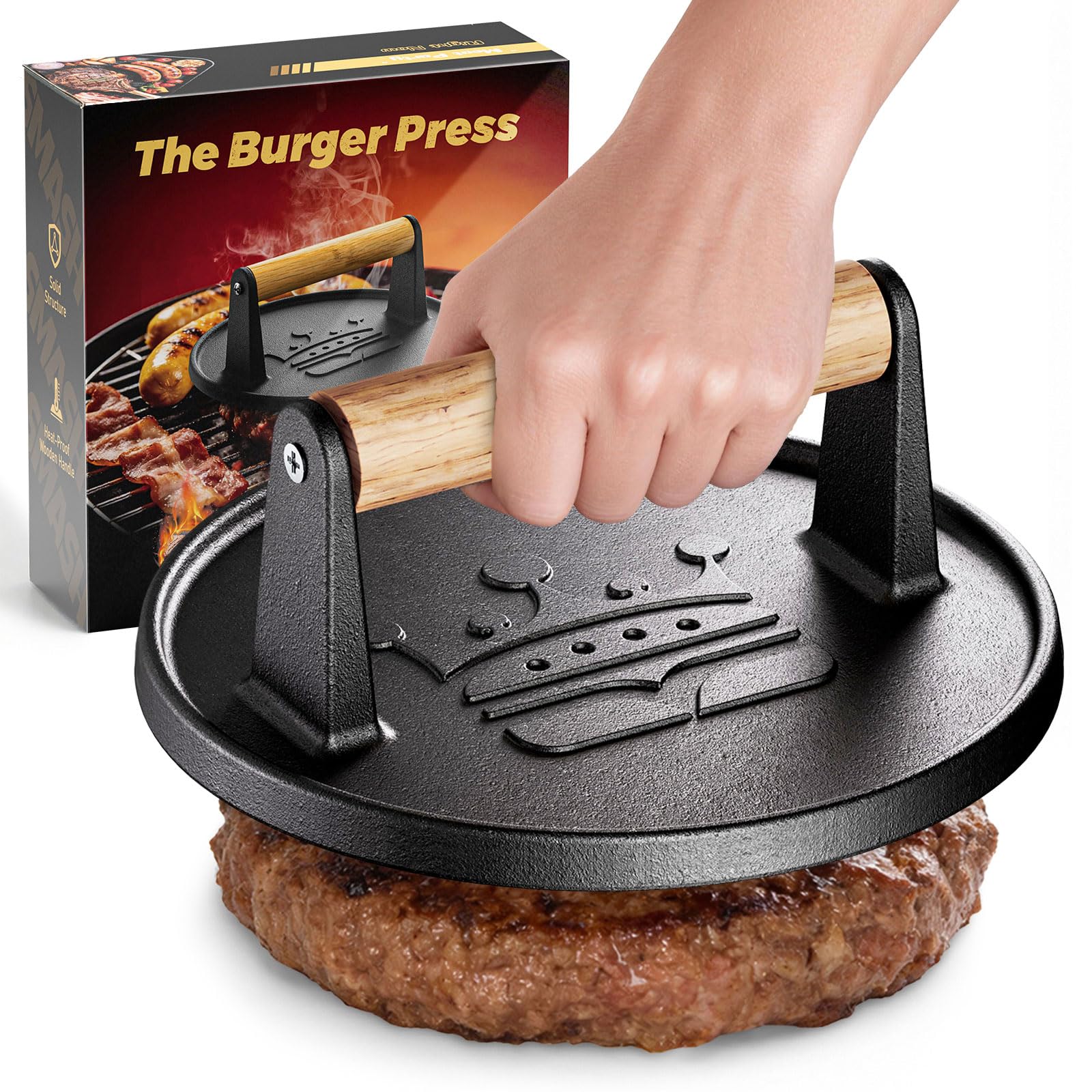 Basinel Smash Burger Press 6.5,Cast Iron Flat Round Burger Smasher, Gift