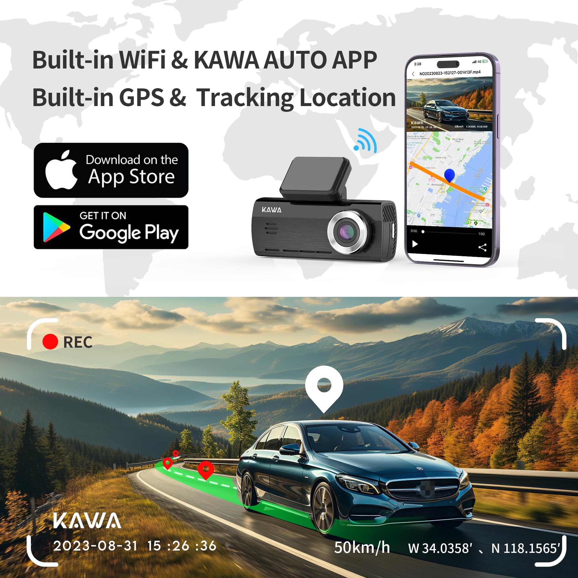Kawa True 4K Dash Cam Front And Rear, Free 64Gb Card, 2160P Wifi Dash Camera For Cars With Sony Starvis Imx415, Built In Gps Dua
