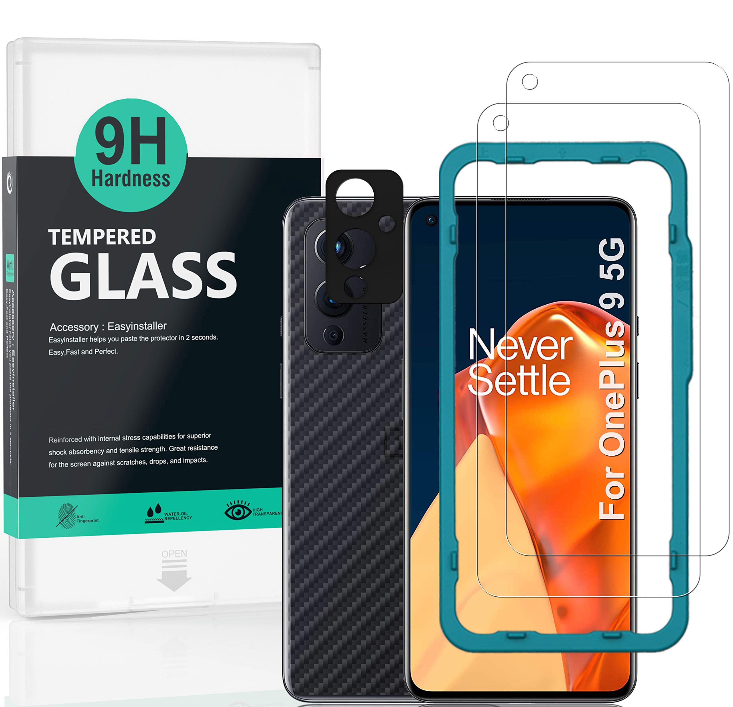 Ibywind Screen Protector For Oneplus 9 5G,With 2Pcs Tempered Glass,1Pc Camera Lens Protector,1Pc Backing Carbon Fiber Film [Fing