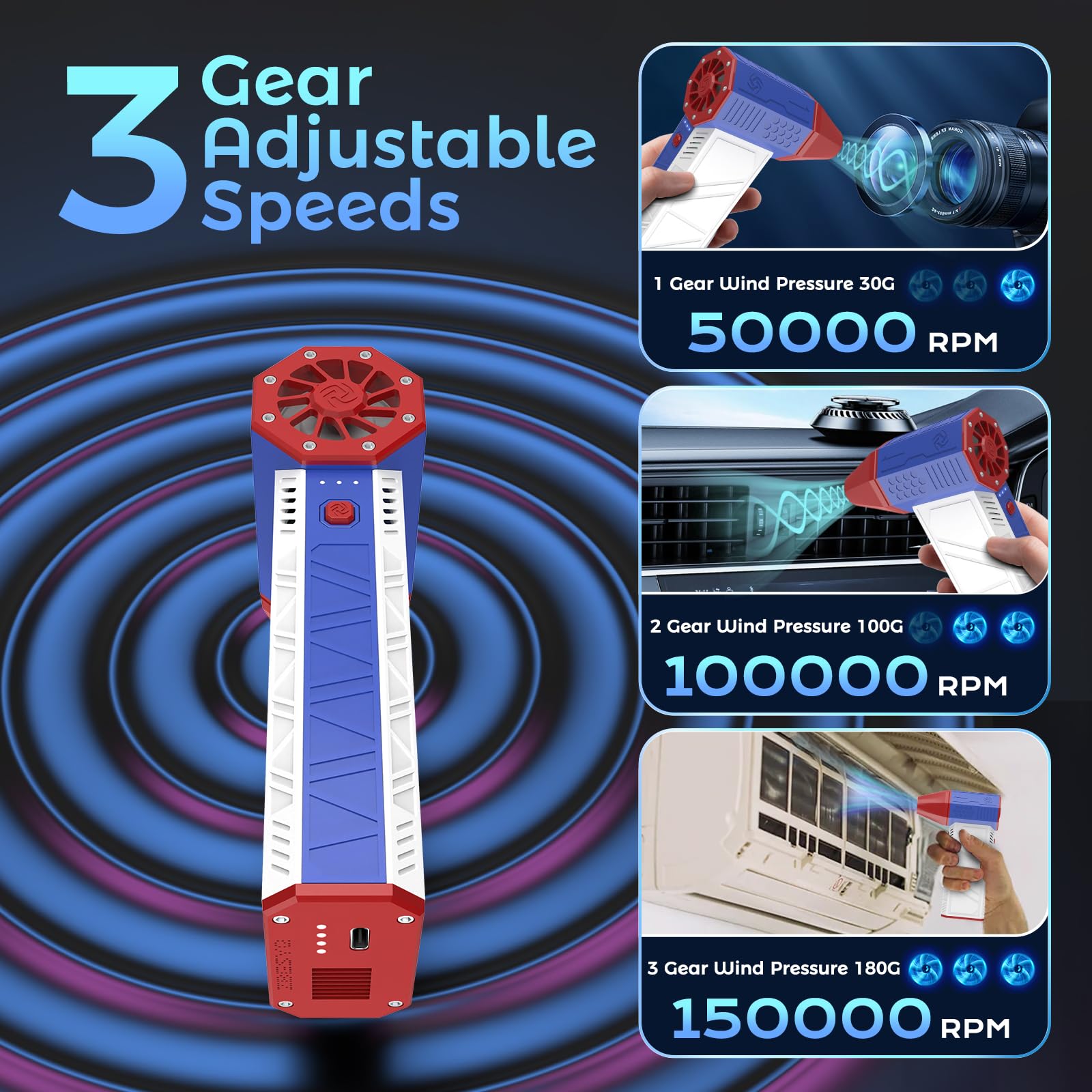 Electric Air Duster, 3 Gear Adjustable Mini Jet Blower 130000Rpm, Adjustable Electric Duster Replace Compressed Air Can Recharge