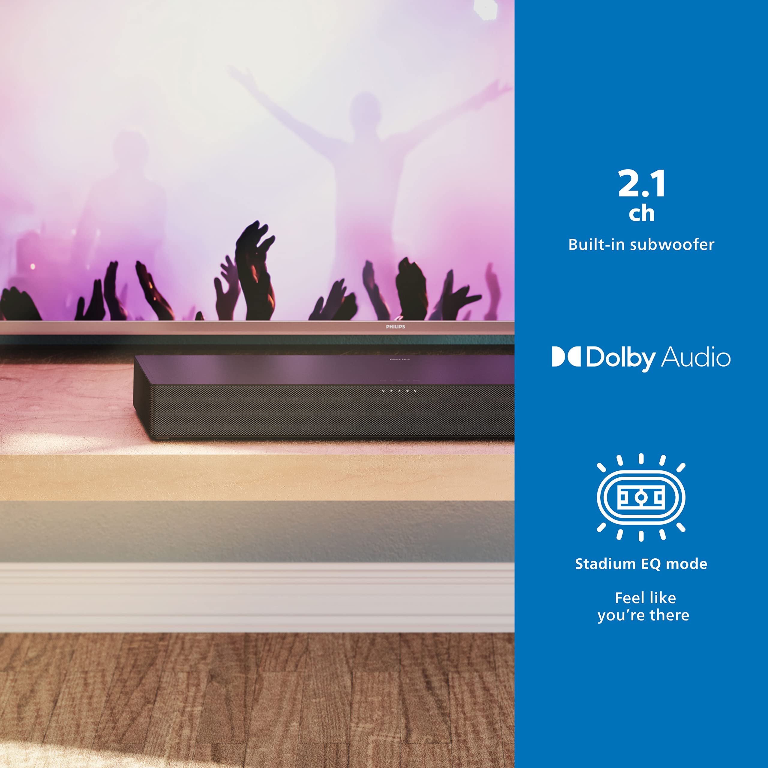 Philips B5706 2.1 Channel Soundbar With Built In Subwoofer, Stadium Eq Mode