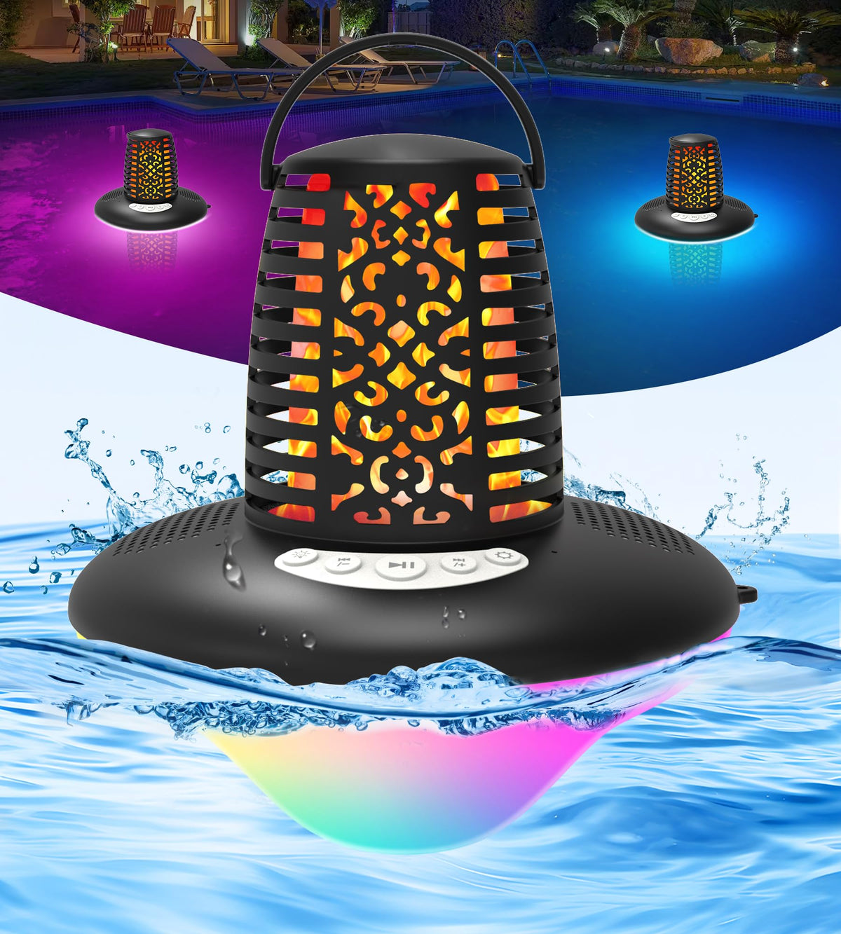 Kingsom Bluetooth Pool Speaker With Led Flame Light And Rgb Lights, Floating Hot Tub Speaker Ip68 Waterproof, Hd Stereo Sound, Deep Bass, Tws Pairing