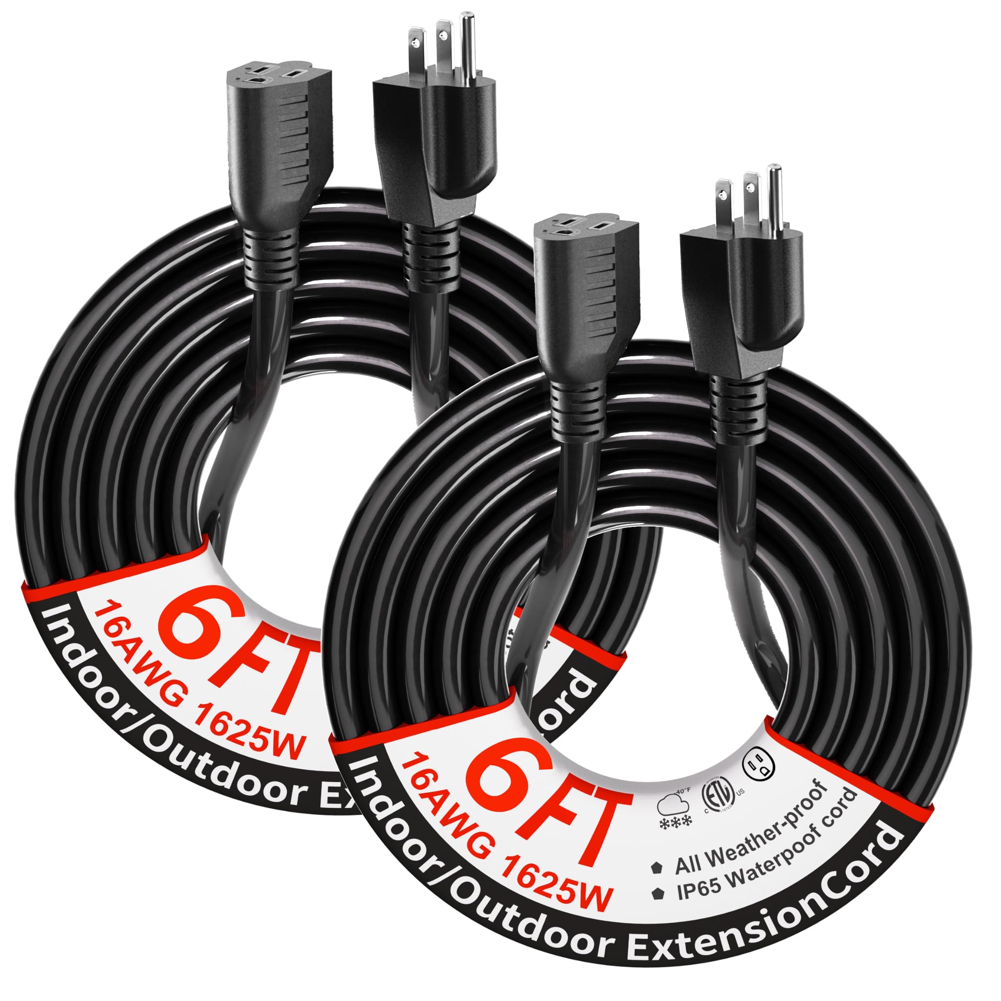 Plugsaf 2 Pack Of 6Ft Black Outdoor Extension Cord 16/3 Gauge Waterproof, Cold Weatherproof  58?F, Flame Retardant, Flexible 3 P