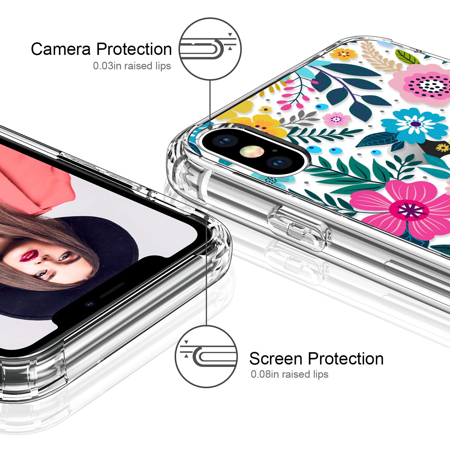 ICEDIO iPhone X/Xs Case Slim Fit TPU Protective Colorful Blooming Floral with Screen Protector
