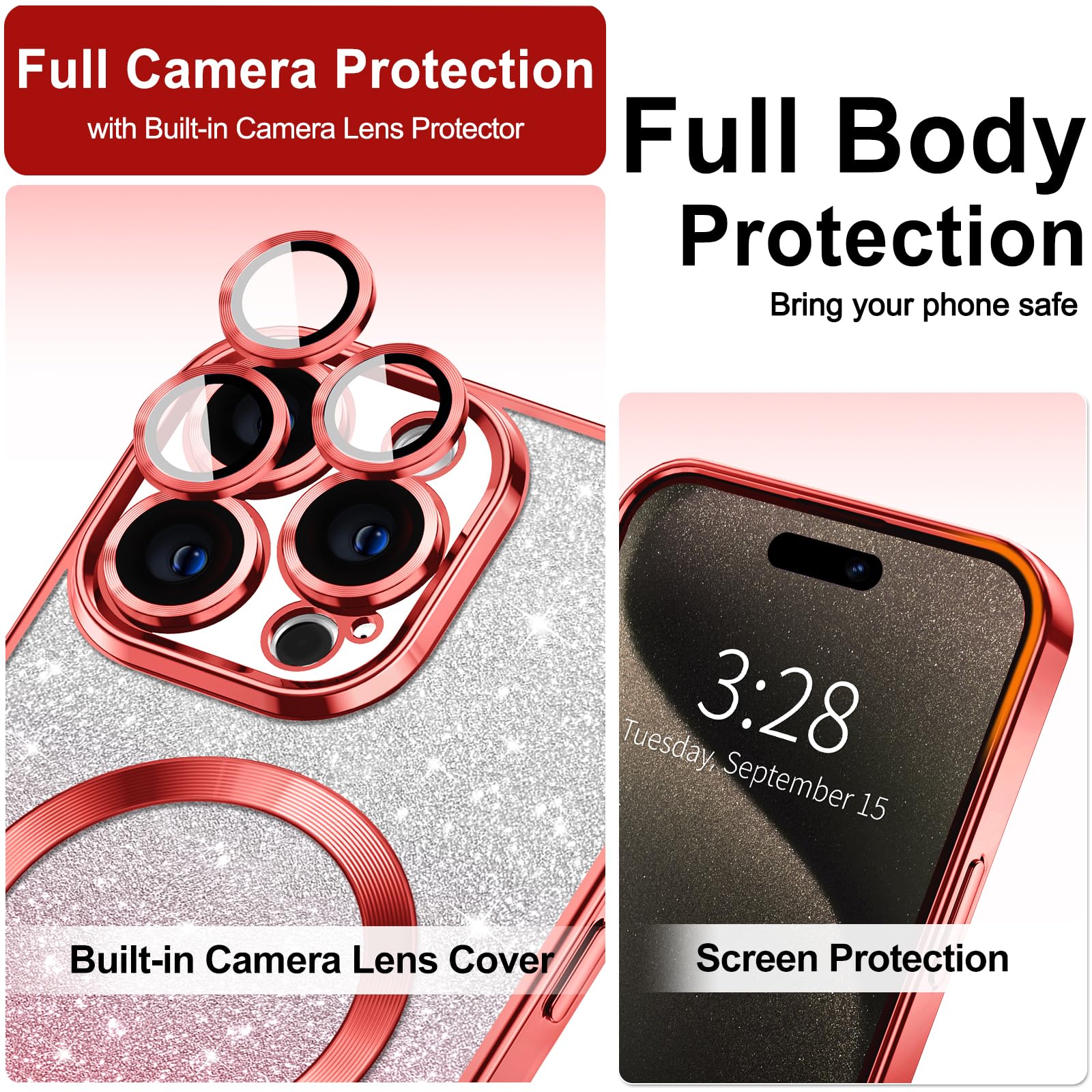 Hython For Iphone 15 Pro Case Clear Magnetic Glitter Phone Cases [Compatible With Magsafe] Full Camera Lens Protector Slim Gradi