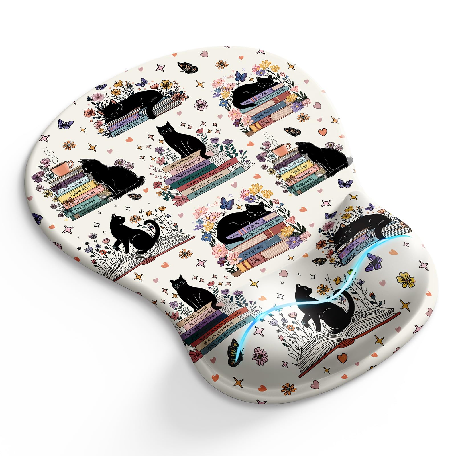 Blusabaca Cat Mouse Pad with Wrist Rest, Floral Book Ergonomic Mousepad Wrist Support for Desk, Cute Gaming Mousepads for Wirele