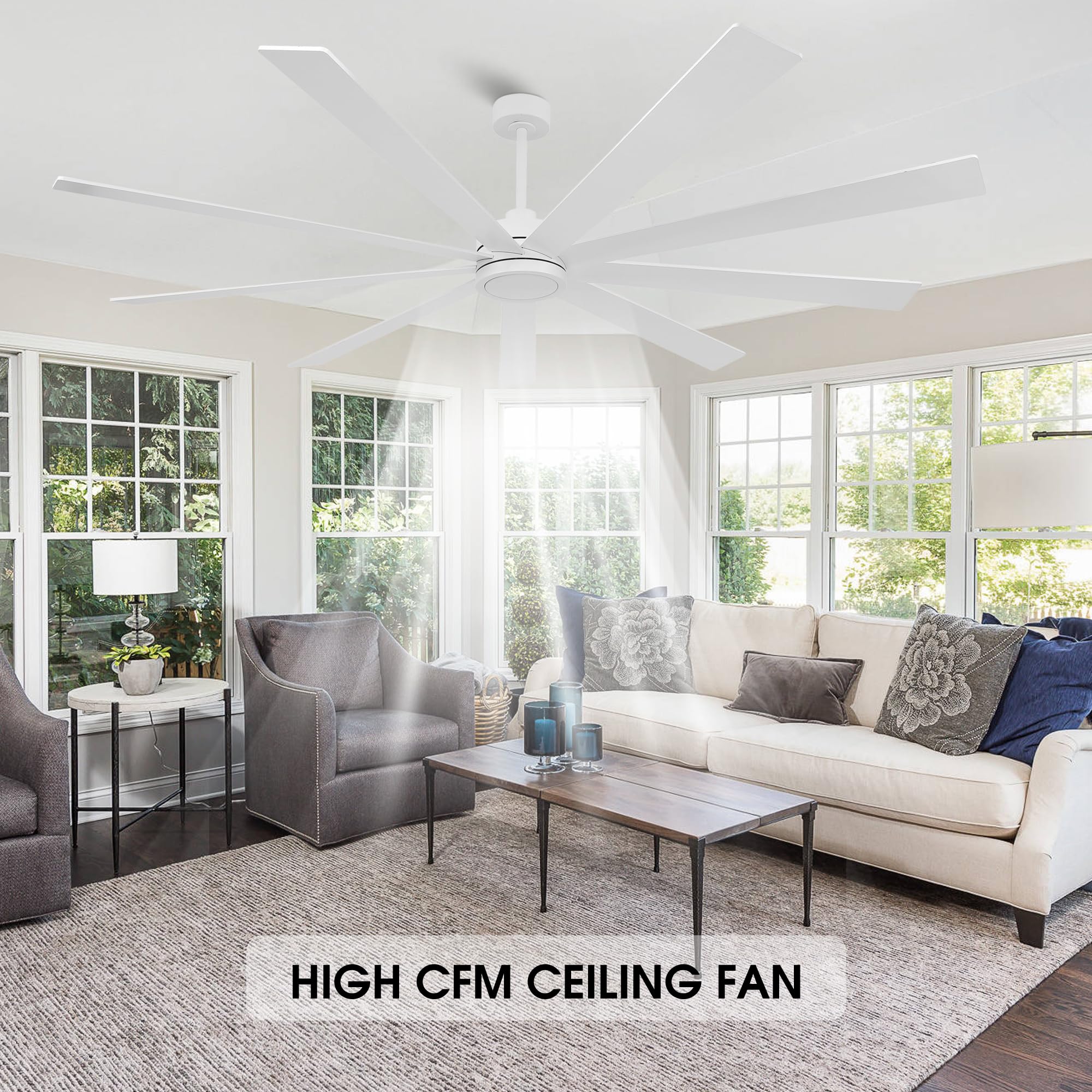Elehinser 84'' Ceiling Fan No Light, 6 Speed Noiseless Reversible Dc Motor, 9 Blades White Industrial Ceiling Fan With Remote An