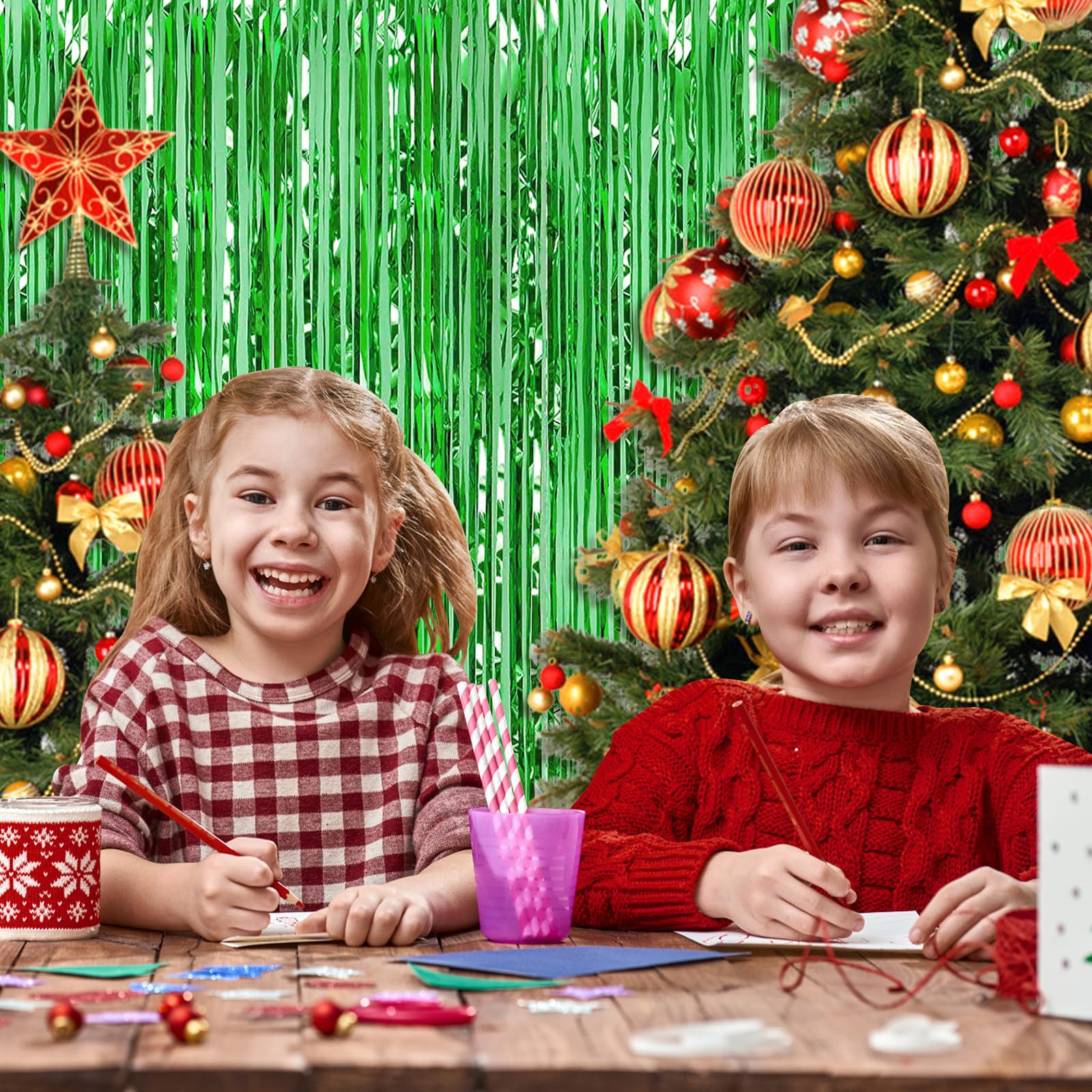 10 Pack Green Foil Curtain Backdrop 3.2Ft X 9.8Ft Green Metallic Tinsel Foil Fringe Curtains Streamer Photo Booth Backdrop For B