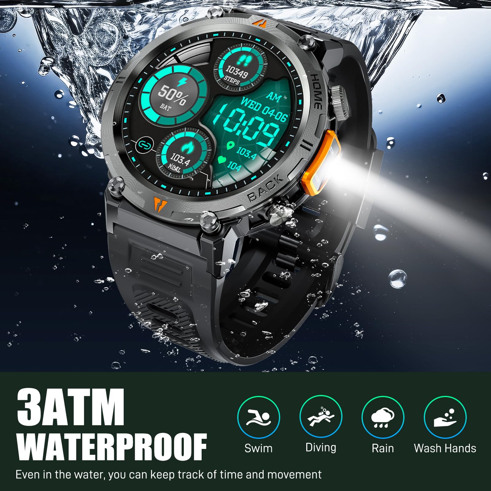 Military Smart Watch For Men With Led Flashlight 3Atm Waterproof Tactical Smart Watch With 100+ Sport Modes 1.45    Fitness Trac