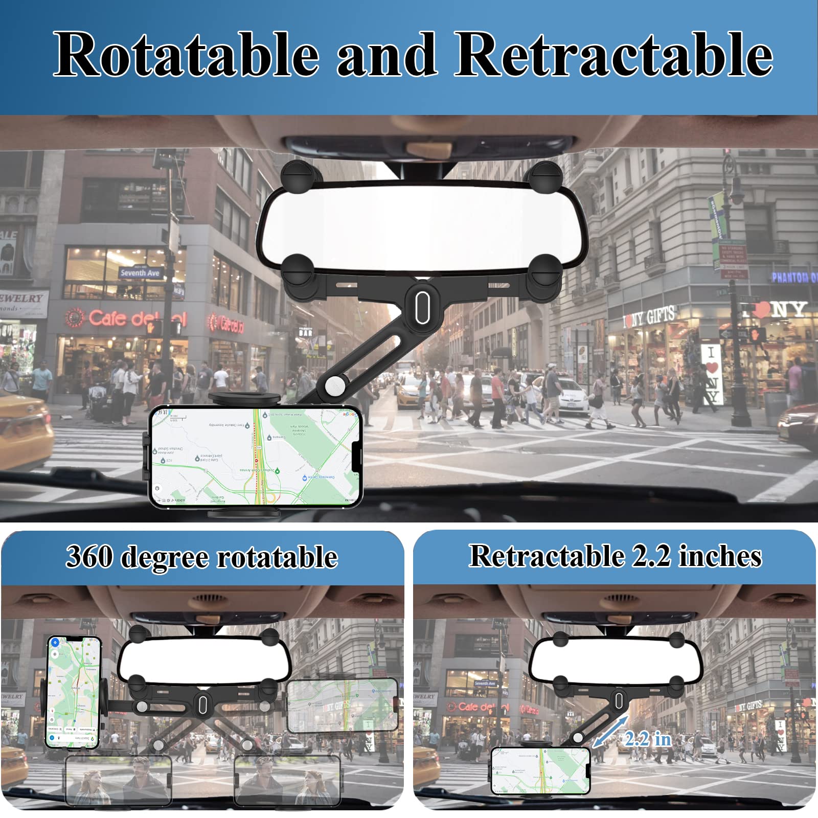 Jdhdl Phone Mount For Car, Rear View Mirror Phone Holder, Rotatable And Retractable Car Phone Holder Mount Rearview Mirror Phone