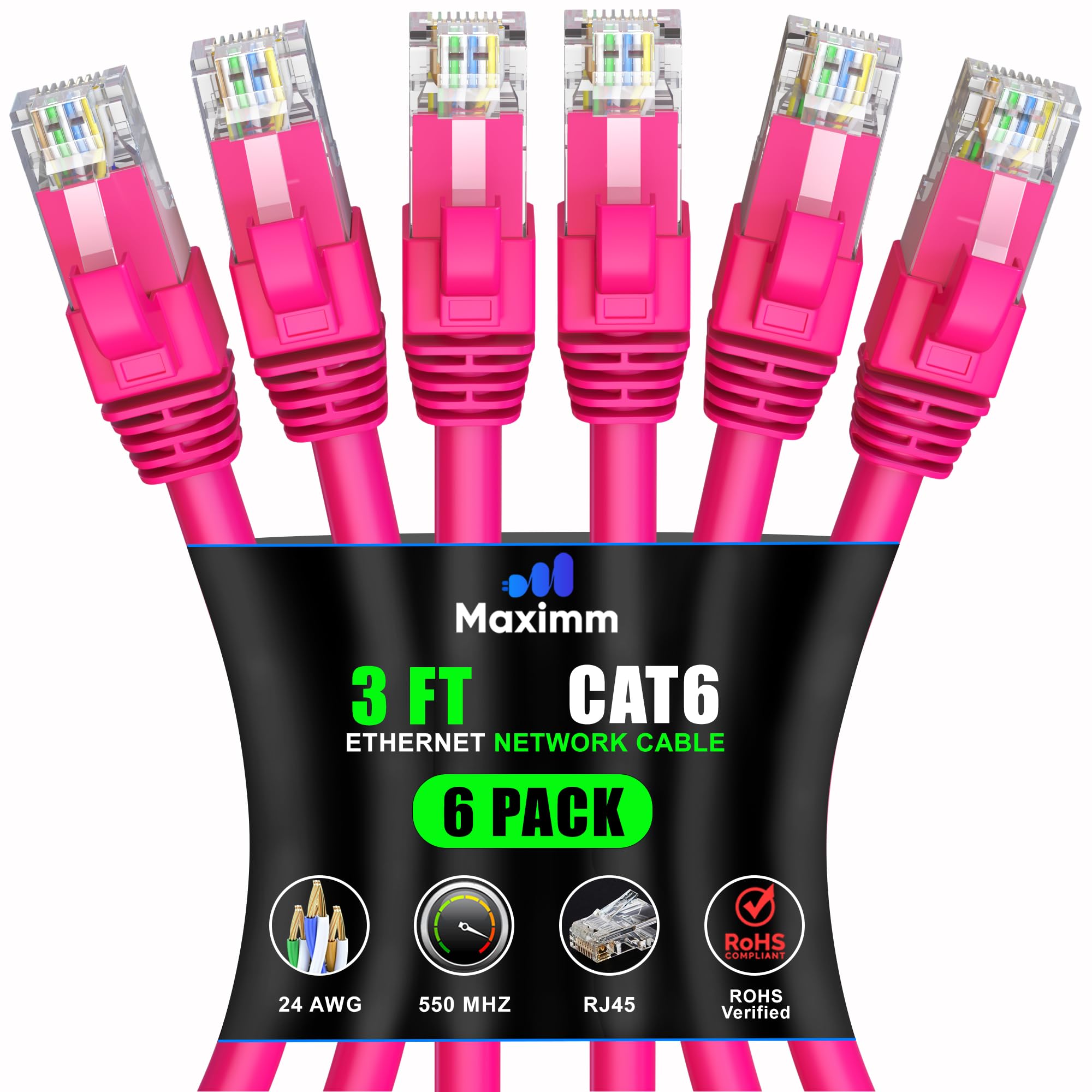 Maximm Cat 6 Ethernet Cable 3 Ft (6 Pack)   High Speed Lan Cable, Internet Cable, Patch Cable, And Network Cable   Utp, 10Gbps, 550Mhz Ethernet Cord   Pink