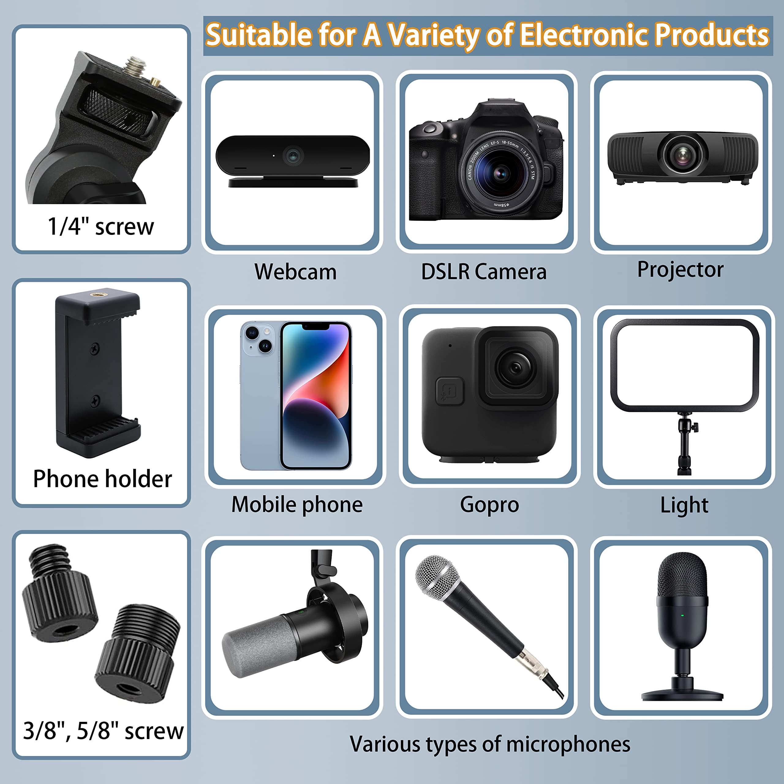 Overhead Camera Mount Desk Stand, Bearing 18Lb, Base& Top 360 Adjustable, With 1/4 3/8'' 5/8'' Screw, 3 Section Flexible Articul