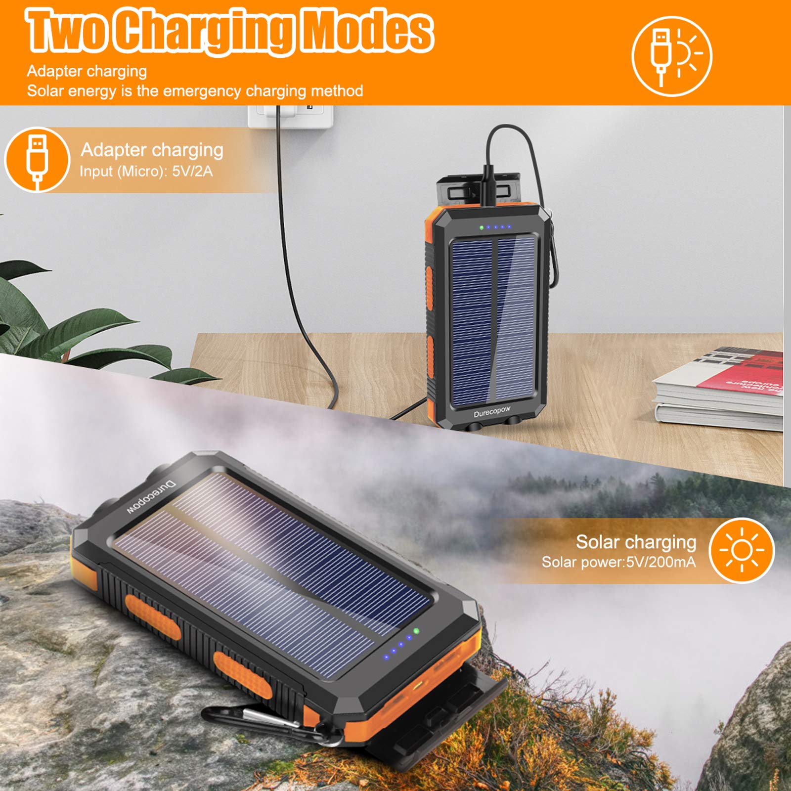 Durecopow Solar Charger, 20000Mah Portable Outdoor Waterproof Solar Power Bank, Camping External Backup Battery Pack Dual 5V Usb