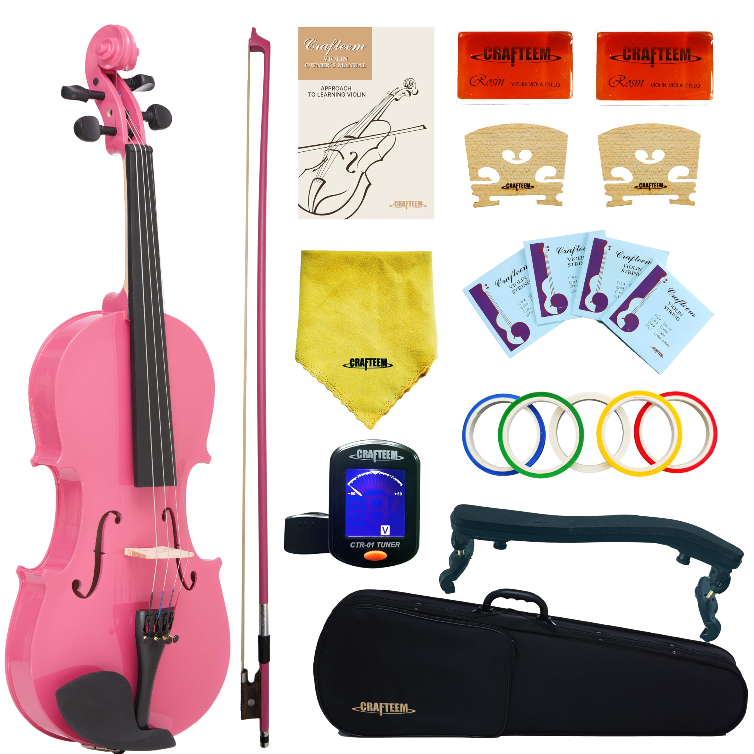 Crafteem 4/4 Full Size Fiddle Pink Colored Premium Violin Outfit for Beginners Adults Kids With 5 Color Fingering Tape- Handcraf