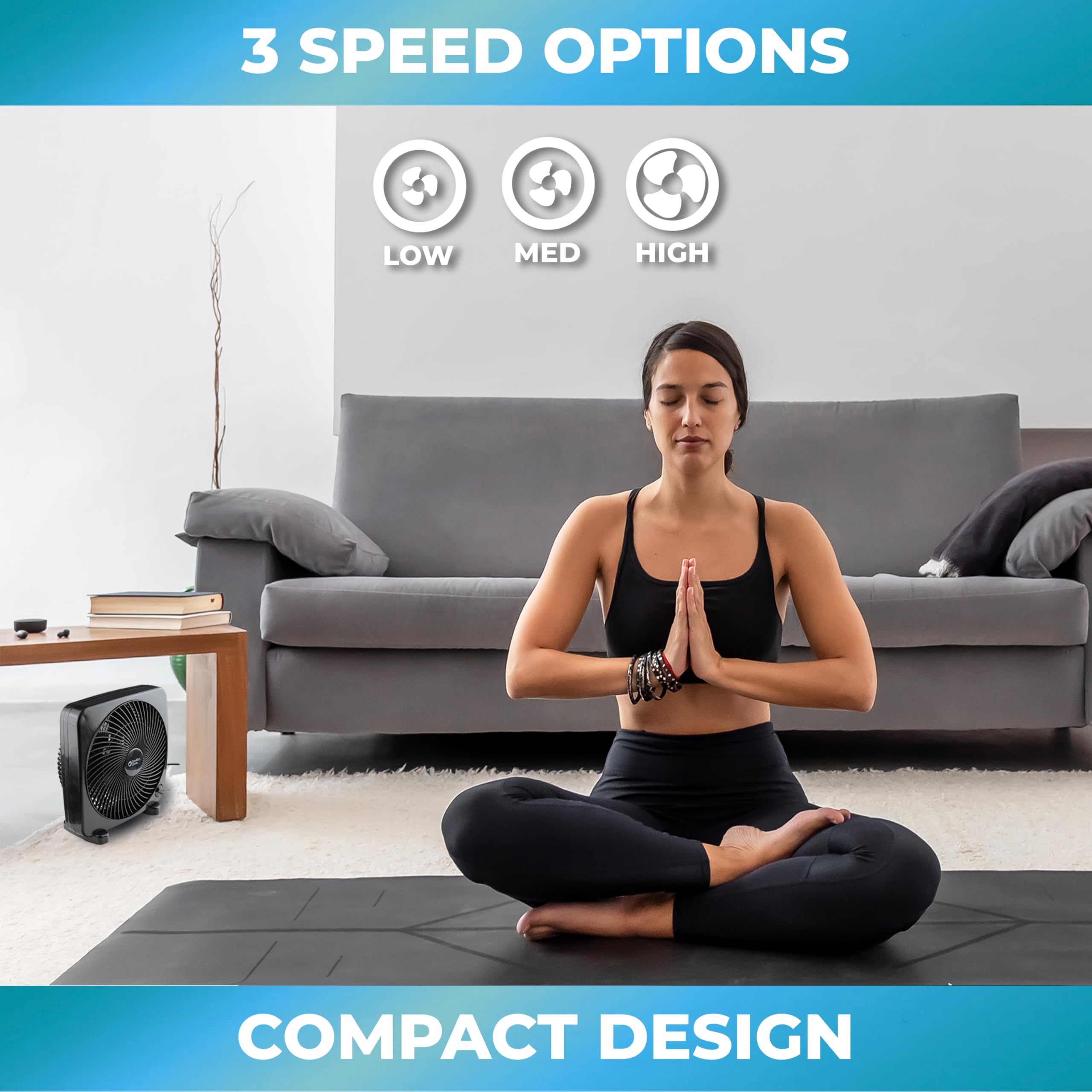 Comfort Zone Box Fan, 9 Inch, Portable, Electric Quiet, 3 Speed, Small Box Fan, Desk Fan, Table Fan, Airflow 9.65 Ft/Sec, Ideal