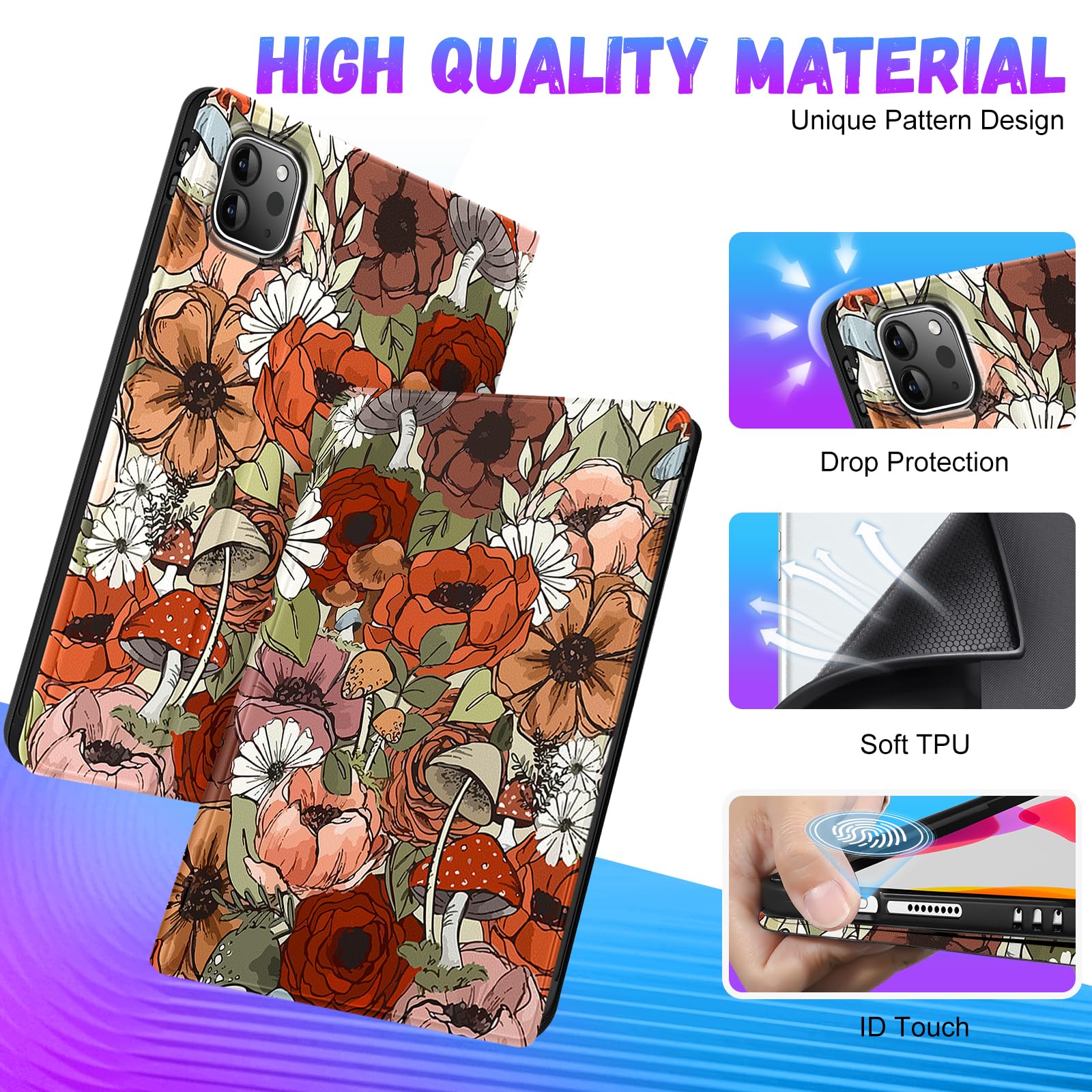 Uppuppy For Ipad Air 11 Inch Case, Air 5Th/4Th Generation 10.9, Pro 11'' Case Cute Kids Women Girls Folio Flower With Apple Penc