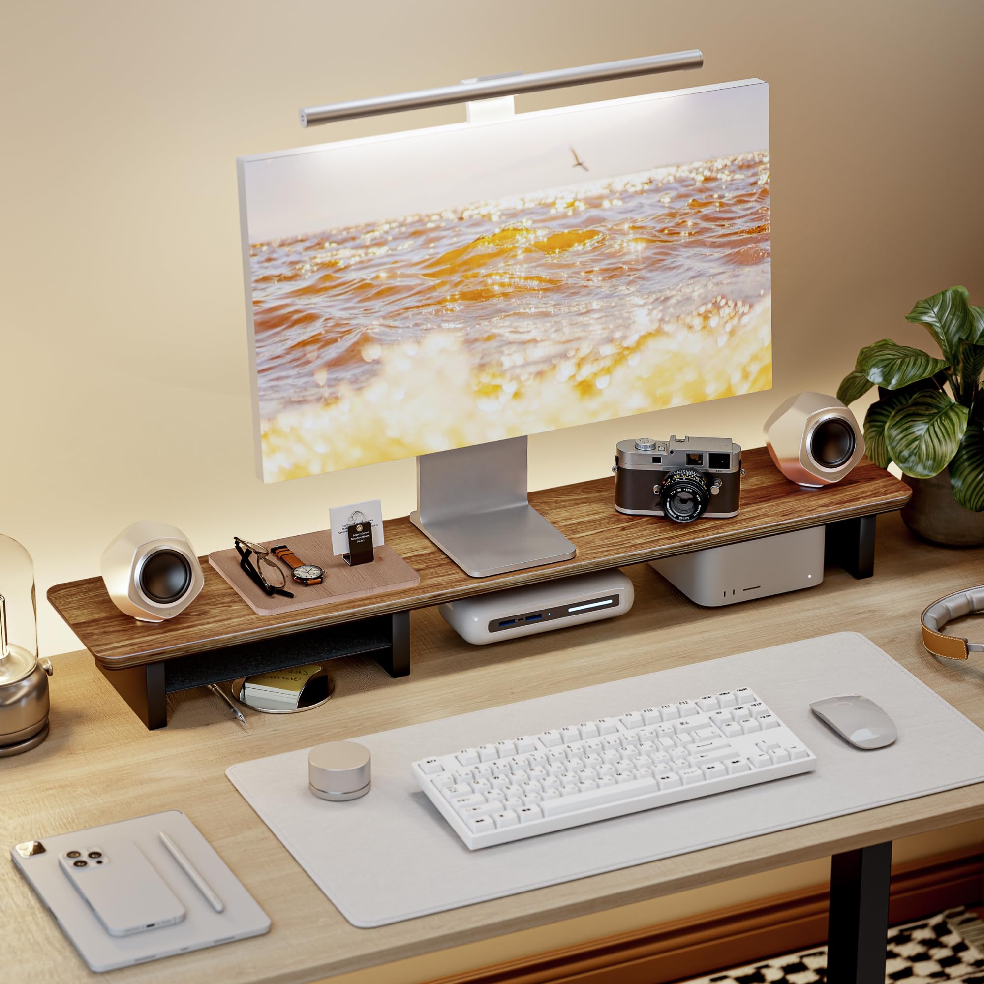 PEGZONE 46 Dual Monitor Riser, Metal Shelf Wooden Desk Organizer