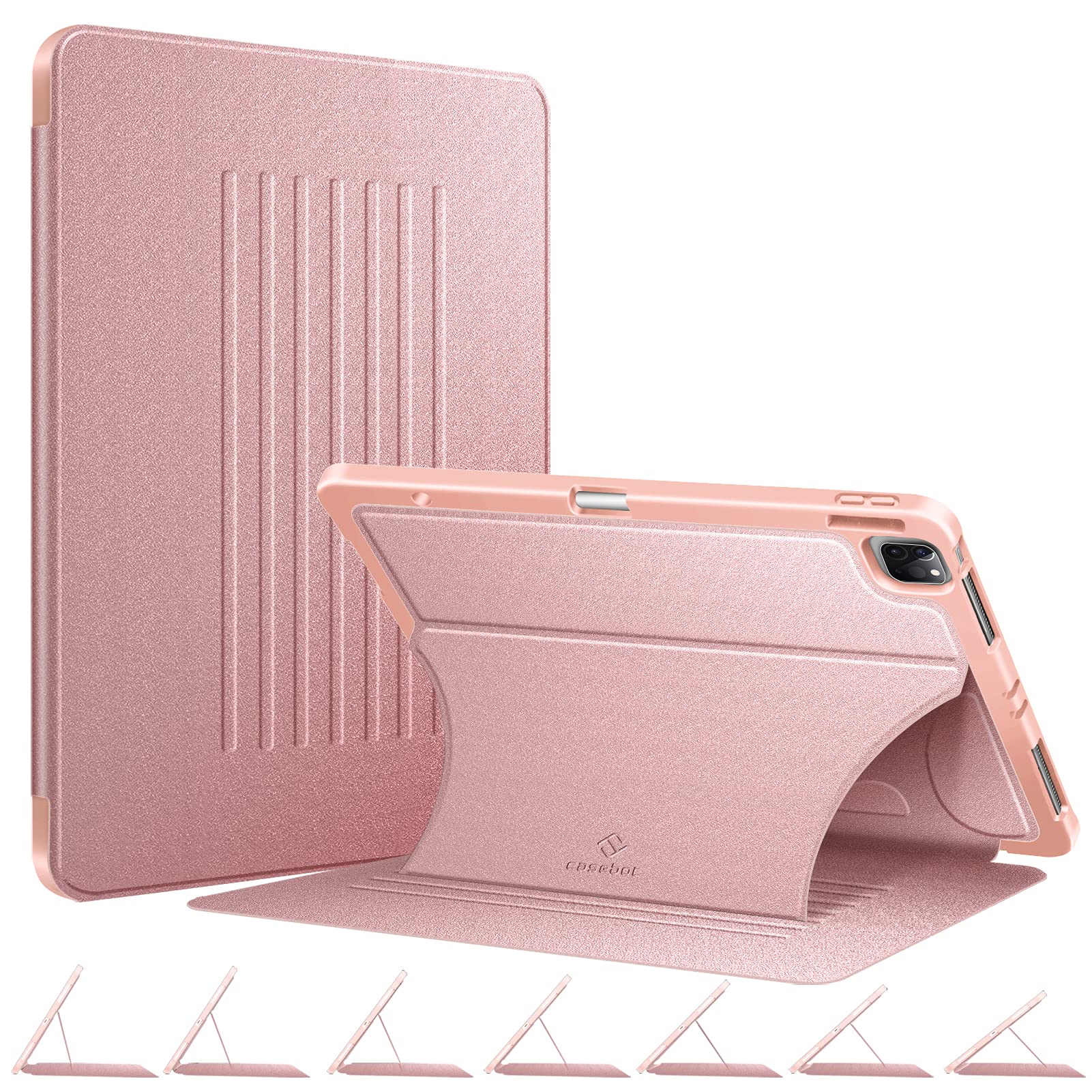 Casebot Magnetic Case For Ipad Pro 12.9 Inch 6Th Generation 2022, Multiple Angle Shockproof Rugged Stand Case, Soft Tpu Back Cover W/Pencil Holder, Also Fit Ipad Pro 12.9' 5Th/4Th/3Rd Gen, Rose Gold