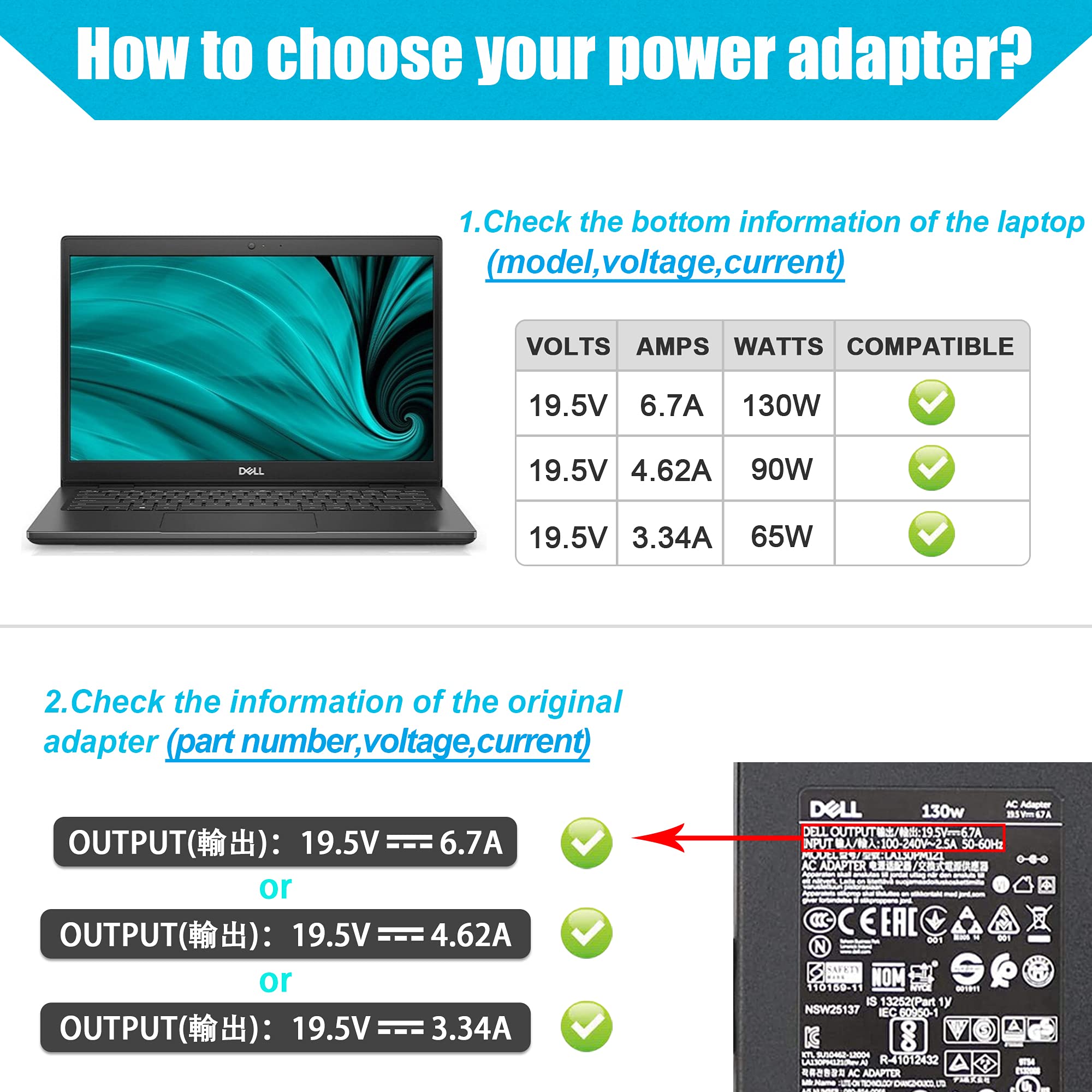 130W 19.5V 6.7A 7.4Mm Tip Ac Adapter Laptop Charger Replacement For Dell Inspiron 15 7559 N7110 N5110 Precision M20 M60 M70 M90,Dell Xps 15 L502X 17 L702X,Pa 4E Da130Pe1 00 Ju012 Power Supply Cord