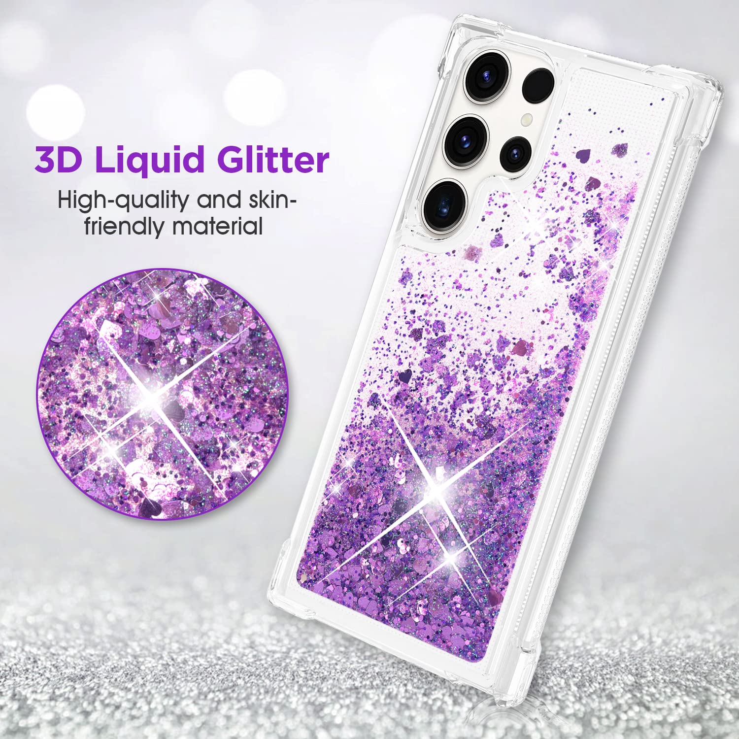 Anshow For Samsung Galaxy S23 Ultra 5G Case Glitter, Shockproof Clear Tpu Case For Galaxy S23 Ultra Case, Bling Purple Glitters