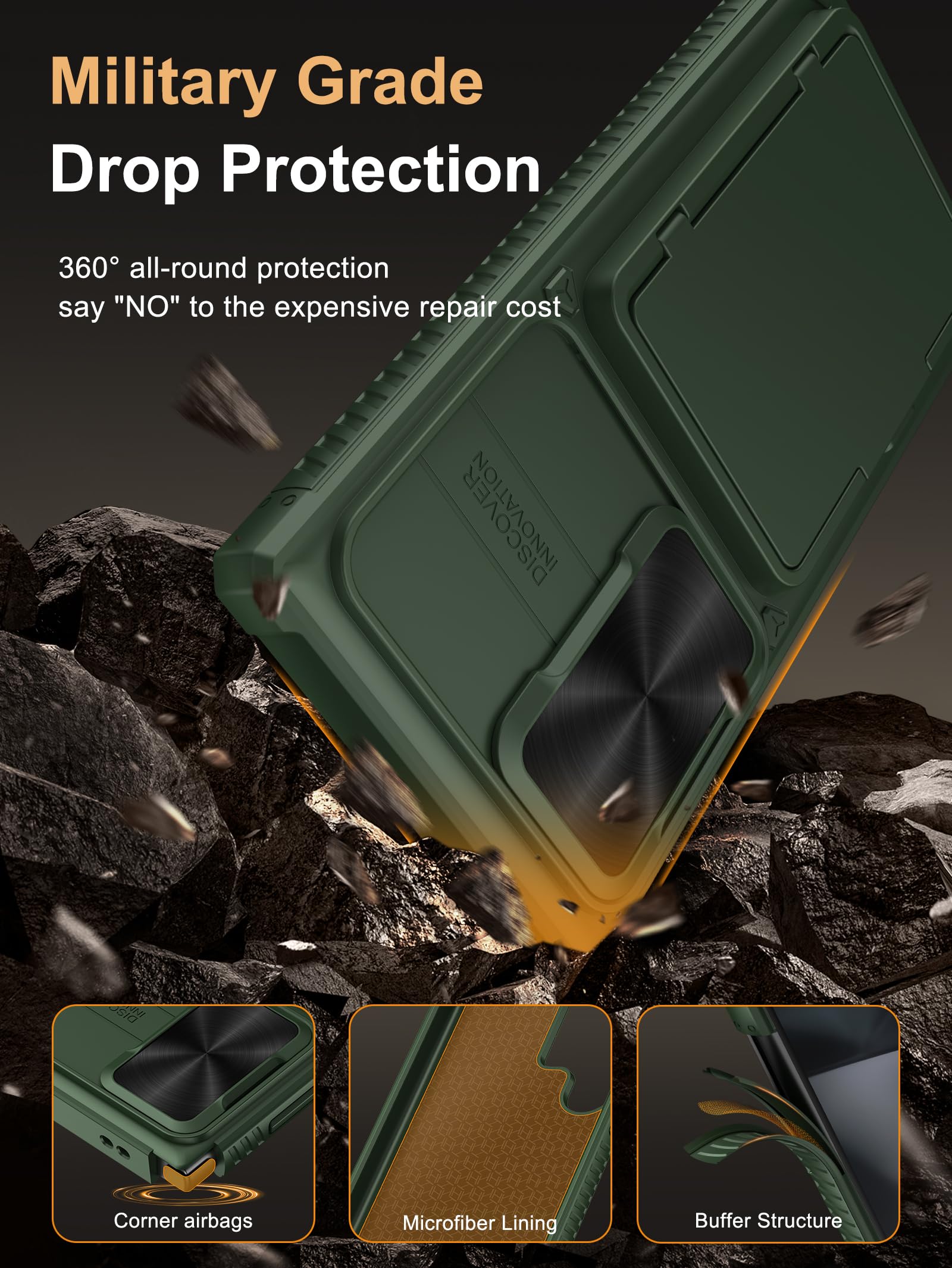 Vihibii For Samsung Galaxy S24 Ultra Case With Card Holder (4 Cards) & Slide Lens Cover & Kickstand & Raised Edges Protect Scree