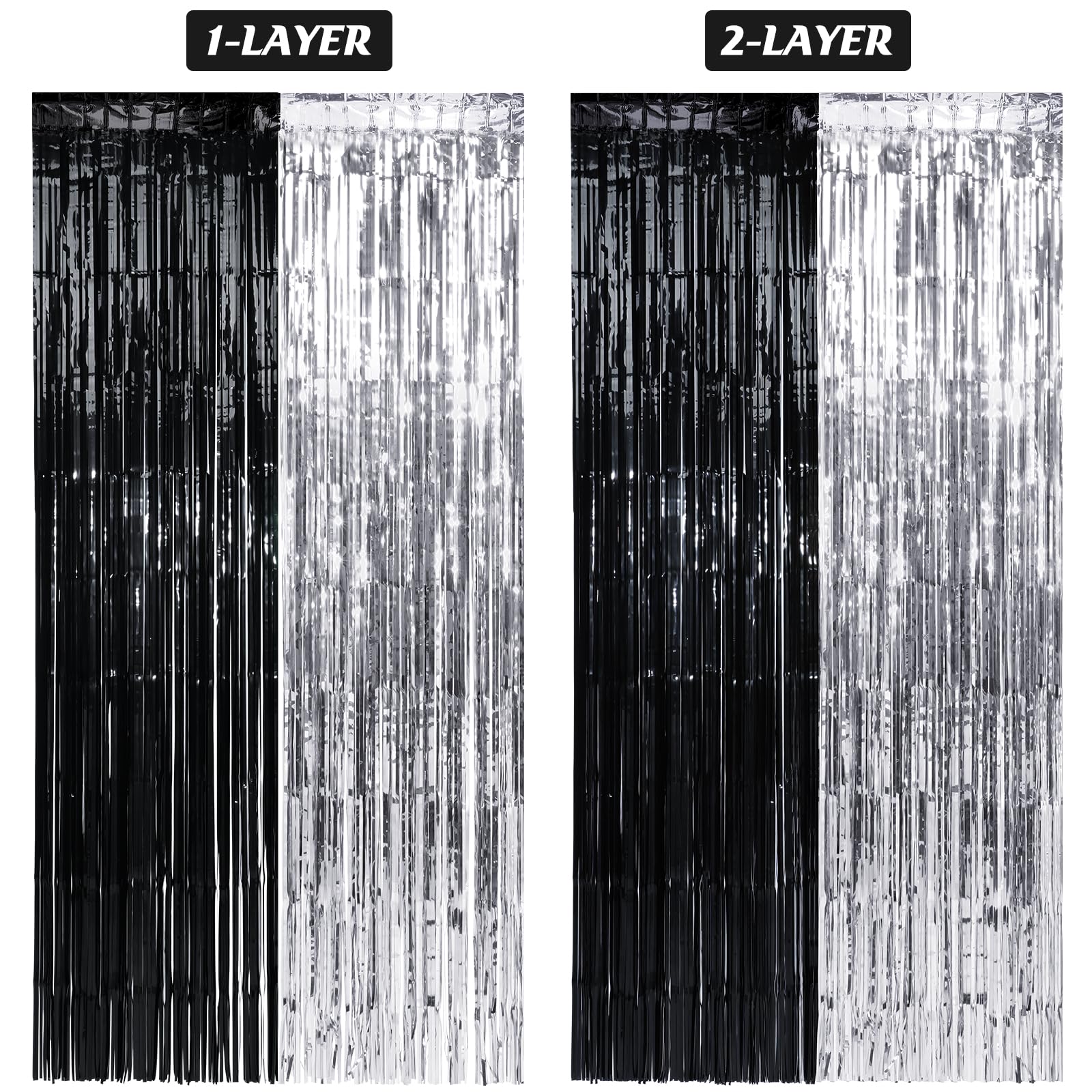 3 Pack 3.3Ft X 6.6Ft Graduation Foil Fringe Curtain Backdrop Decorations, Black Silver Metallic Tinsel Foil Streamers Curtain Ph