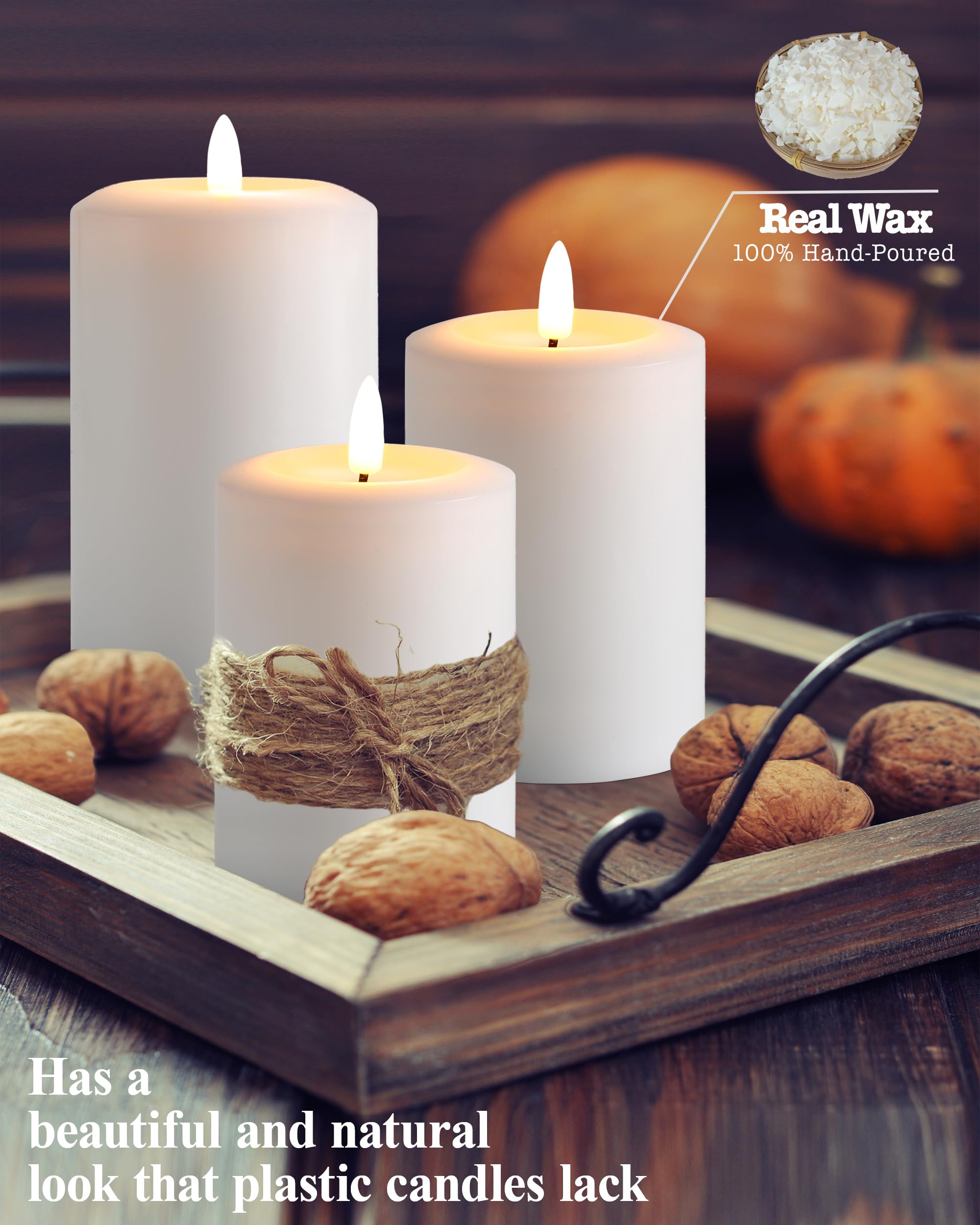 Gmnee 3''X4'' Flickering Flameless Candles With Remote Timer, 3'' Diameter White Pillar, Real Wax, Set Of 3 Large Led Battery Op