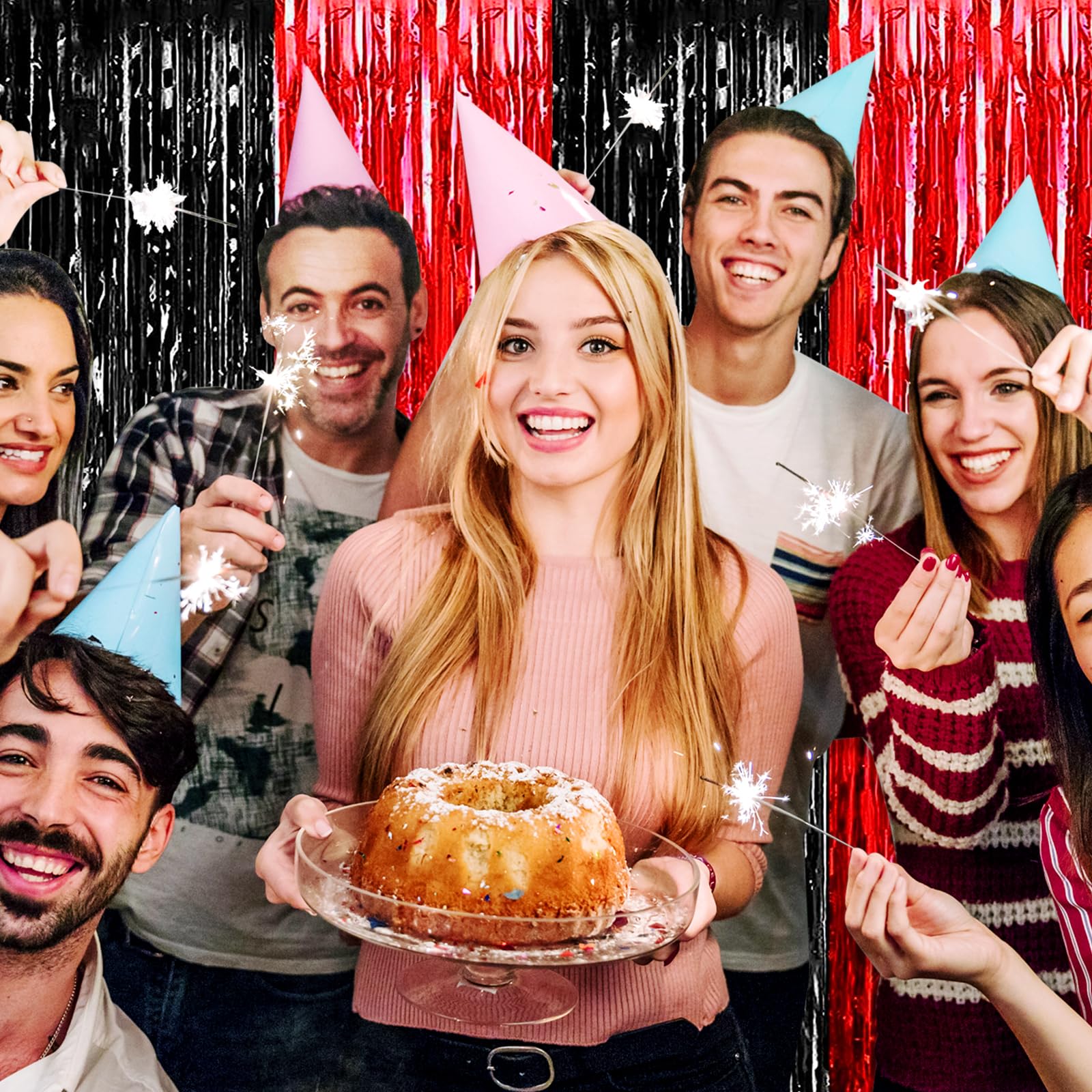 6 Pack Black Red Foil Fringe Curtain Backdrop, 3.28Ft X 8.2Ft Metallic Tinsel Foil Fringe Streamer Curtains For Photo Booth, Bir