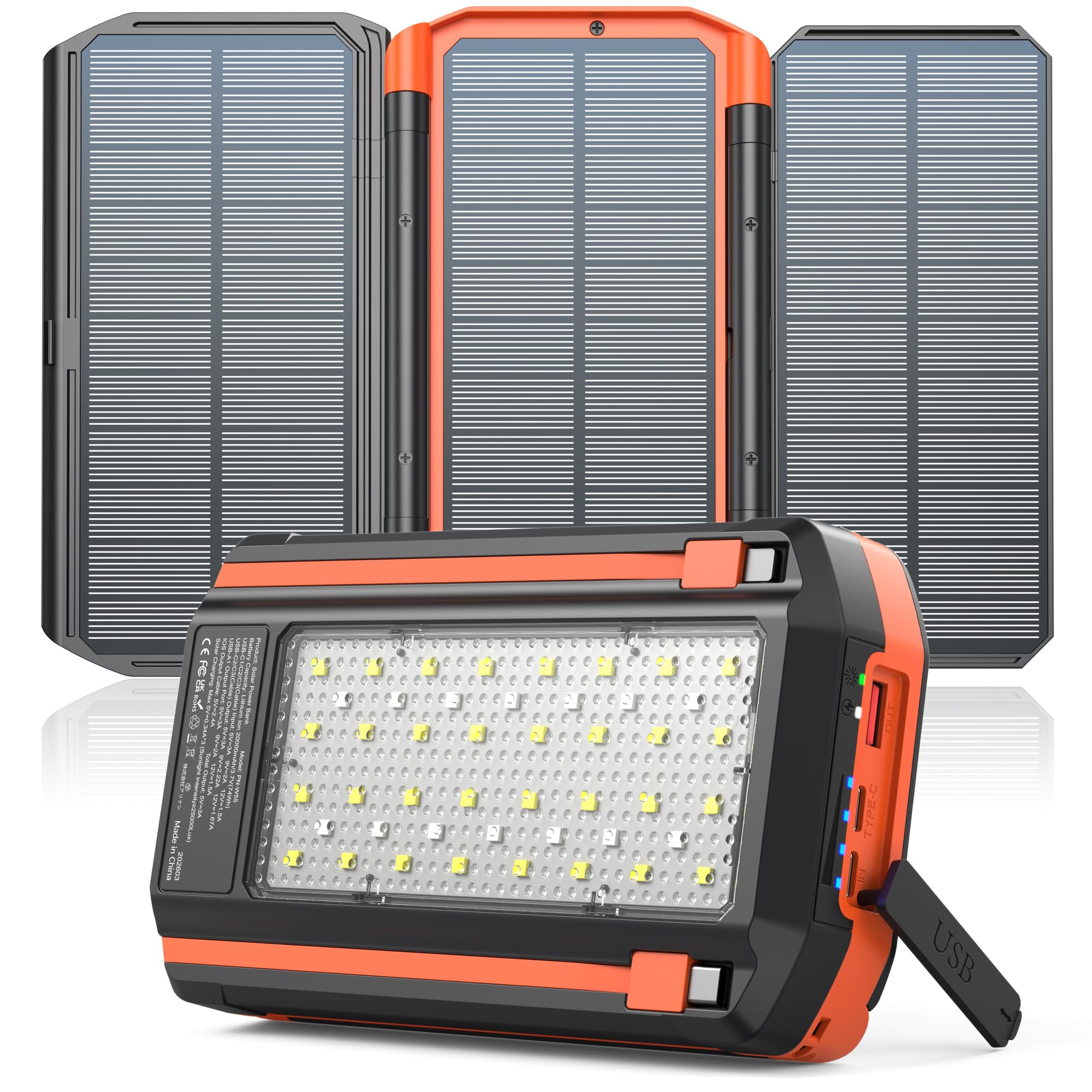 LATIMERIA Solar Charger Power Bank 20000mAh with 3 Foldable Solar Panels