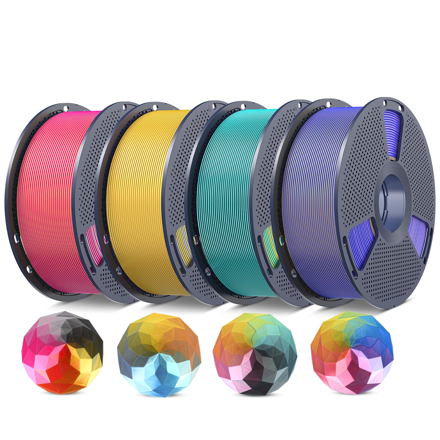 SUNLU Multicolor 4-Color Silk PLA+ Filament Bundle, Silk PLA+ 3D Printer Filament 1.75mm +/- 0.02mm, Shiny Silk Texture, 4kg in 