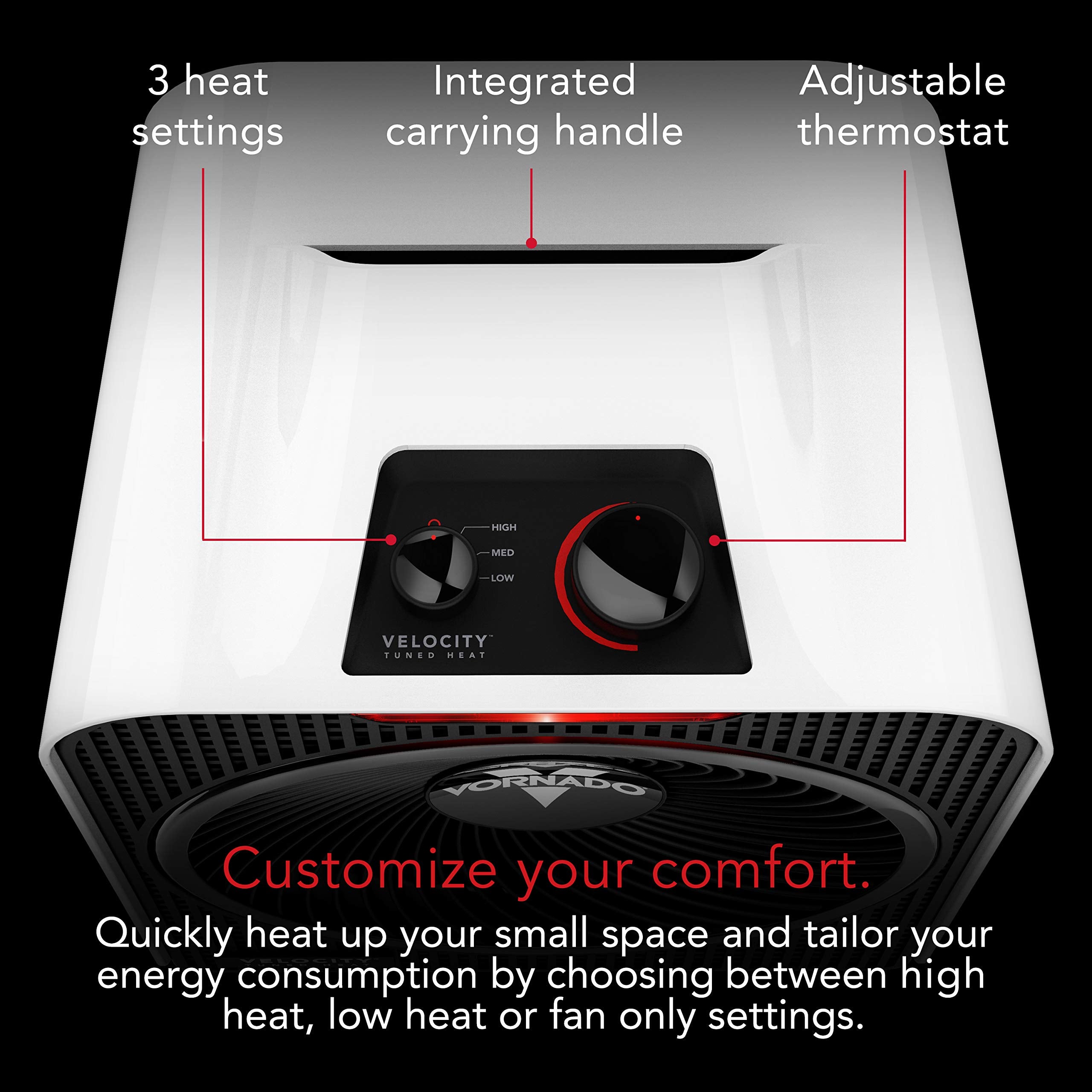Vornado Velocity 3 Space Heater With 3 Heat Settings, Adjustable Thermostat, And Advanced Safety Features, White, Small