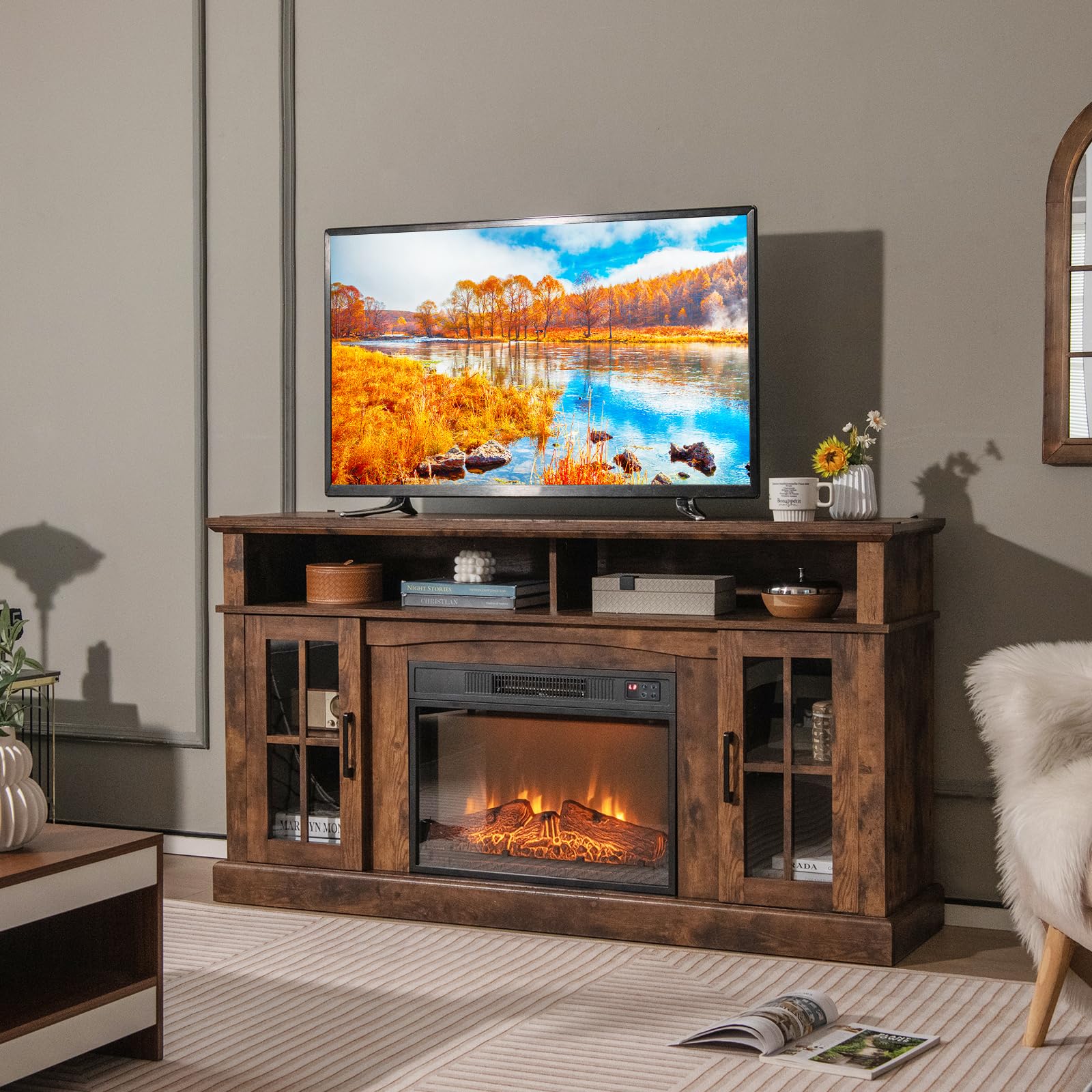 Tangkula 23 Inch Electric Fireplace Insert, Recessed Fireplace W/ 3 Led Realistic Flame Effects, Remote Control, 30 Min To 6H Ti