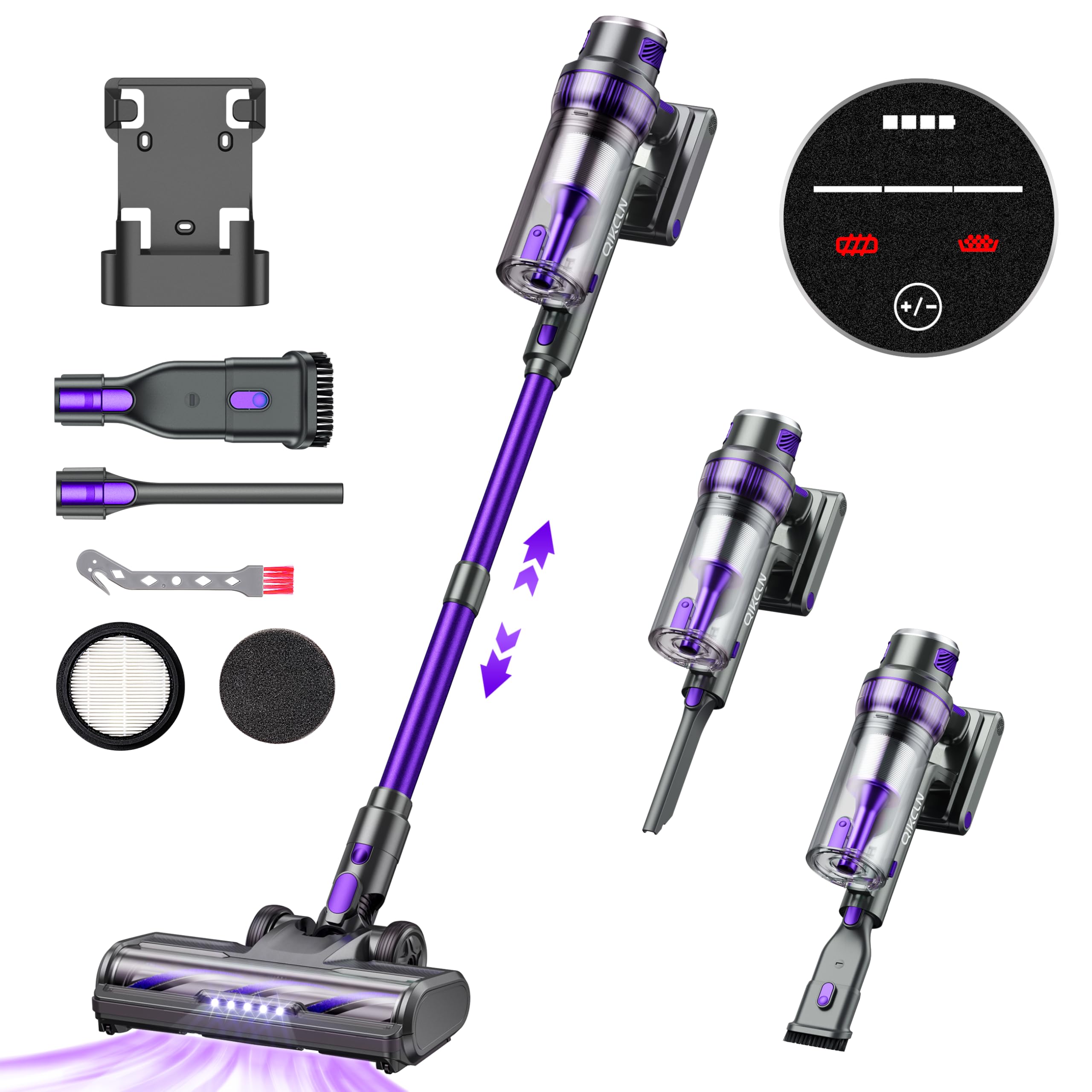 Qikcln Cordless Vacuum Cleaner   250W 30Kpa Powerful Stick Vacuum, 90000 Rmp Motor, Led Display, Three Modes, 40 Mins Runtime Re