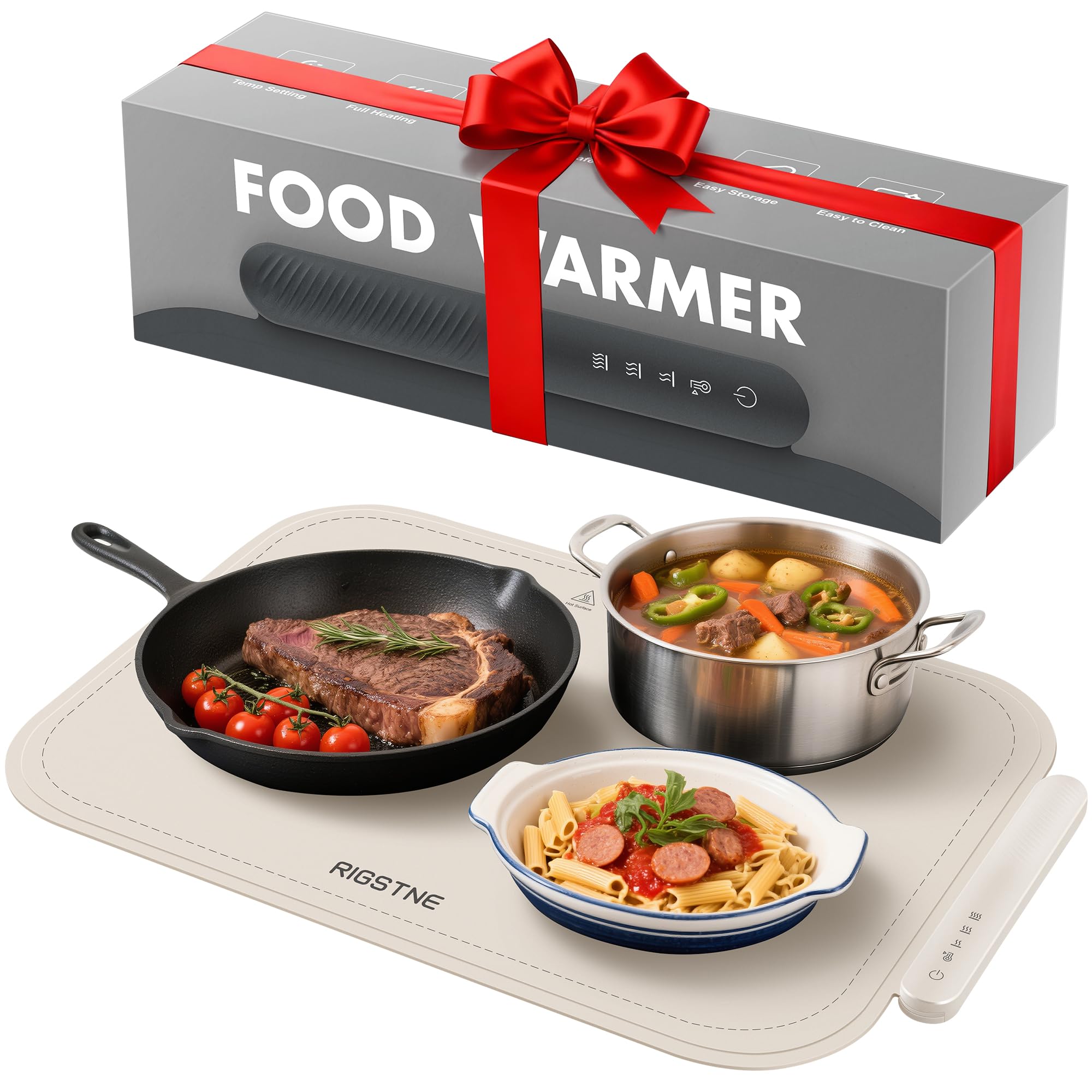 Food Warming Mat, Food Warming Tray with 3 Adjustable Temperature, Full Surface Heating Electric Warming Tray with Auto Shut-Off