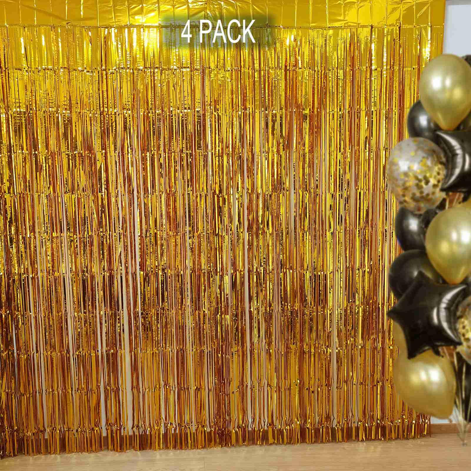 Eufars Gold Party Decorations   4 Pack Of 3.2X8.2Ft Gold Foil Fringe Curtain, Gold Backdrop Gold Streamers Tinsel Curtain Backdr