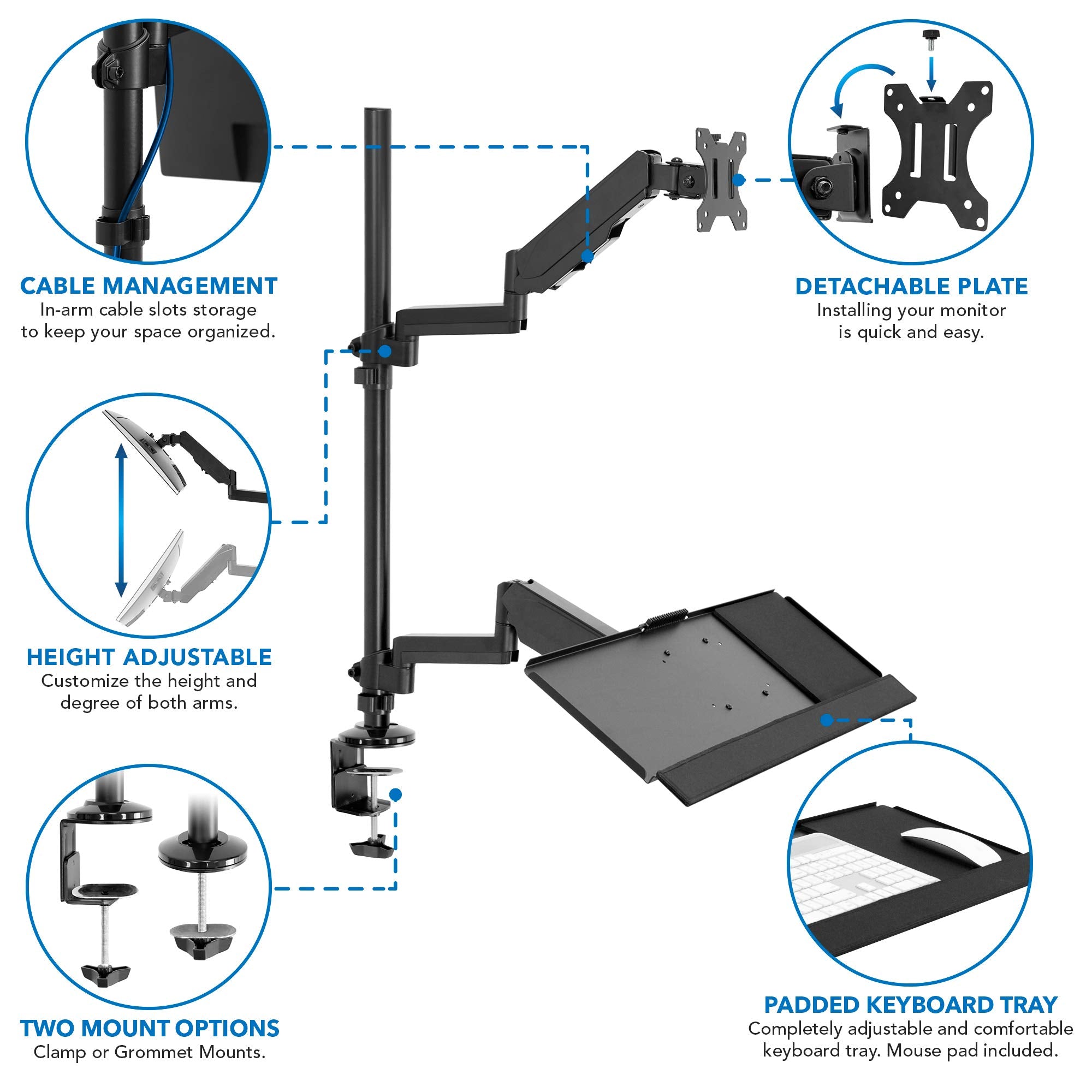 MOUNT IT! Sit Stand Monitor Desk Mount [Fits 32' Screens] Height Adjustable, Full Motion Articulating Arm with Keyboard Tray and Cable Management (Black)