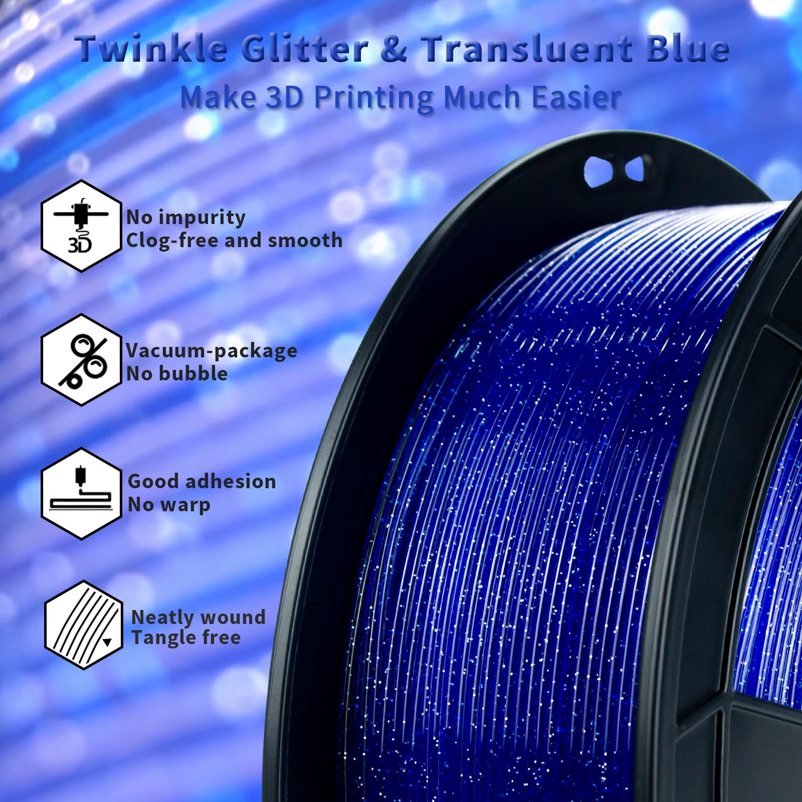 Ziro Glitter Pla Filament 1.75Mm, Sparkle Translucent 3D Printer Filament, Twinkle Series 2.2Lbs Spool, Neatly Wound, Fit Most F