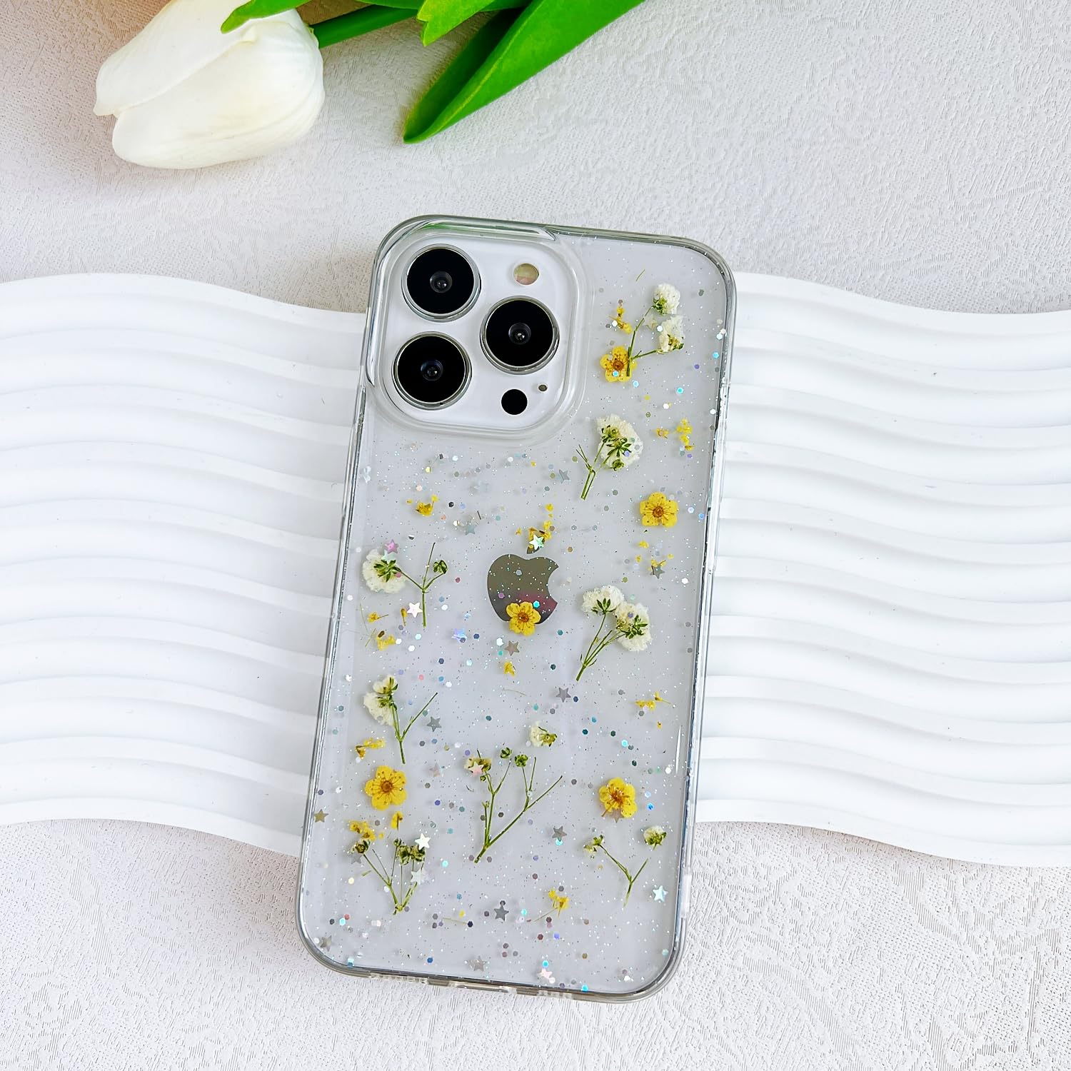 Lseeka For Iphone 13 Pro Clear Case With Pressed Real Flowers Design,Glitter Cute Yellow Floral Pattern Slim Soft Tpu Protective