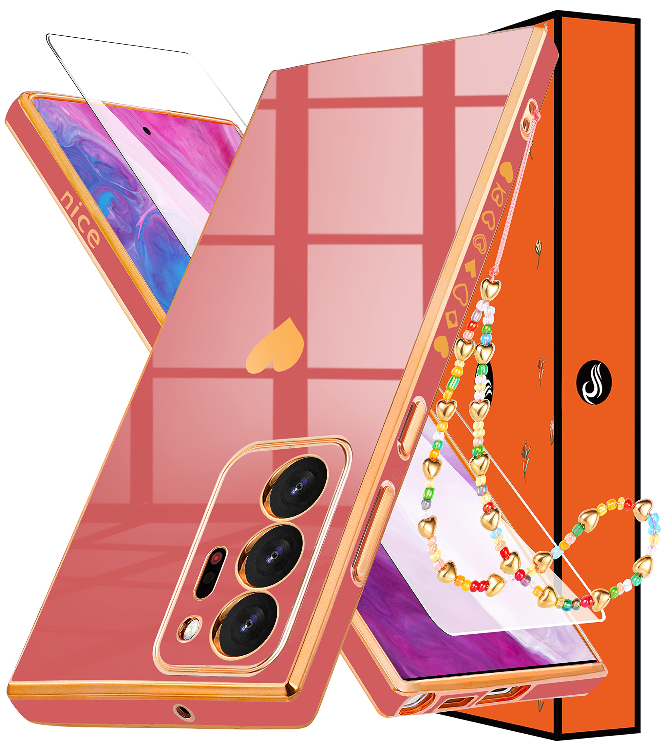 Shorogyt (3In1 Heart Case For Samsung Galaxy Note 20 Ultra 5G/4G 6.9 Inch Women Cute Aesthetic Love Hearts Pattern Girls Red Gol