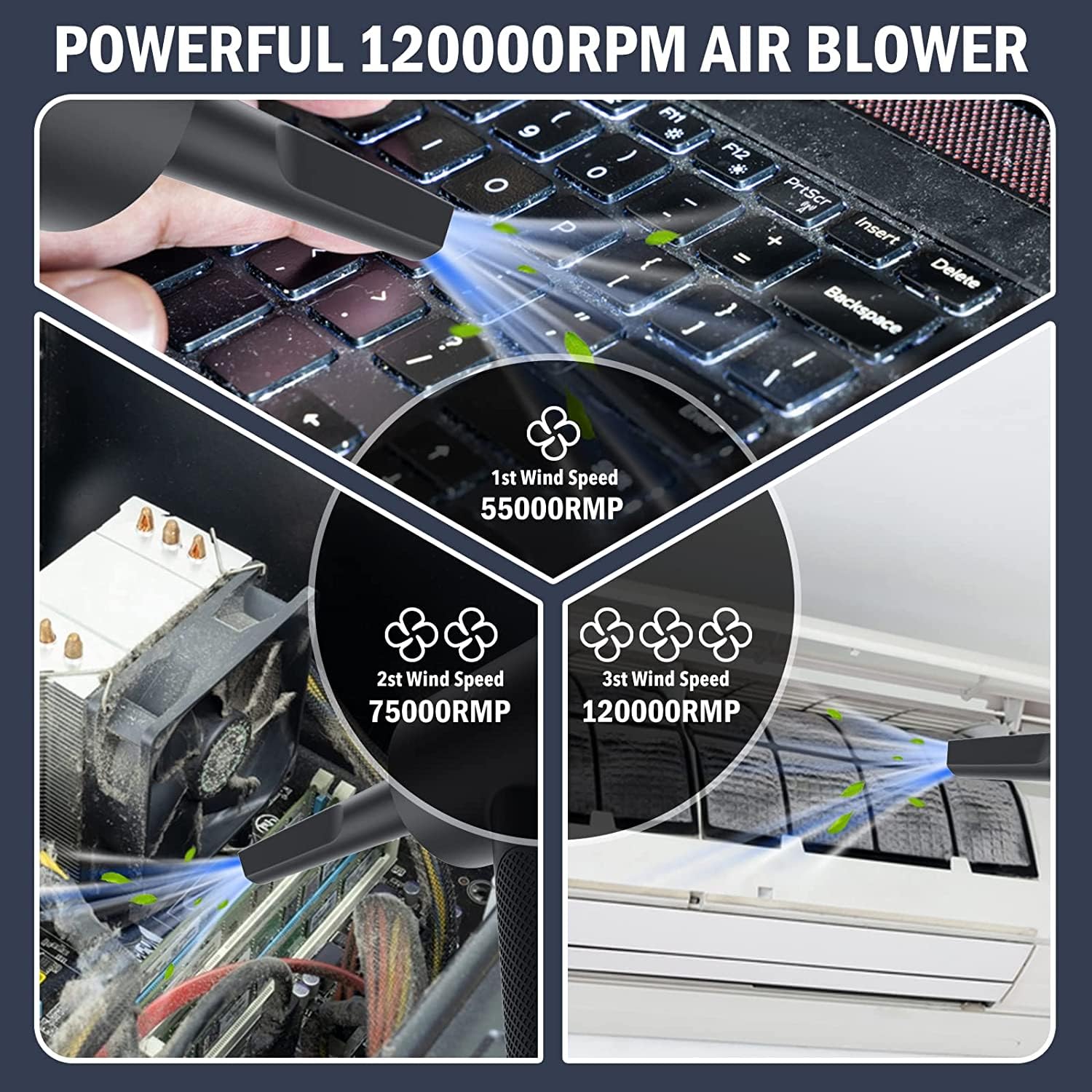 Compressed Air Duster   120000Rpm 3 Speeds Electric Air Duster, 7600Mah Battery Cordless Dust Blower For Keyboard Cleaner,Rechar