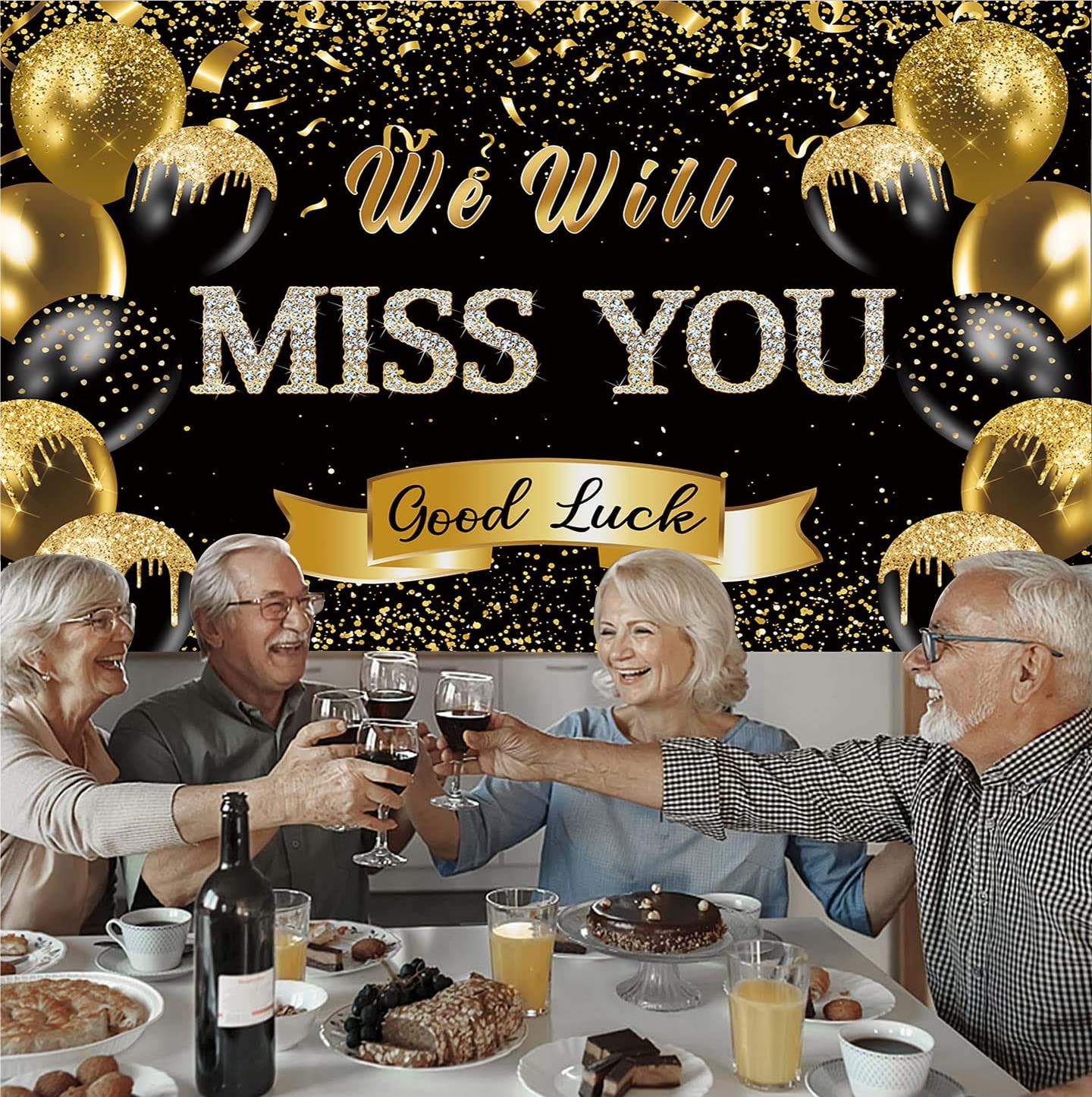 Retirement Farewell Party Backdrop We Will Miss You Black Gold Glitter Balloon Photography Background Goodbye Going Away Retirem