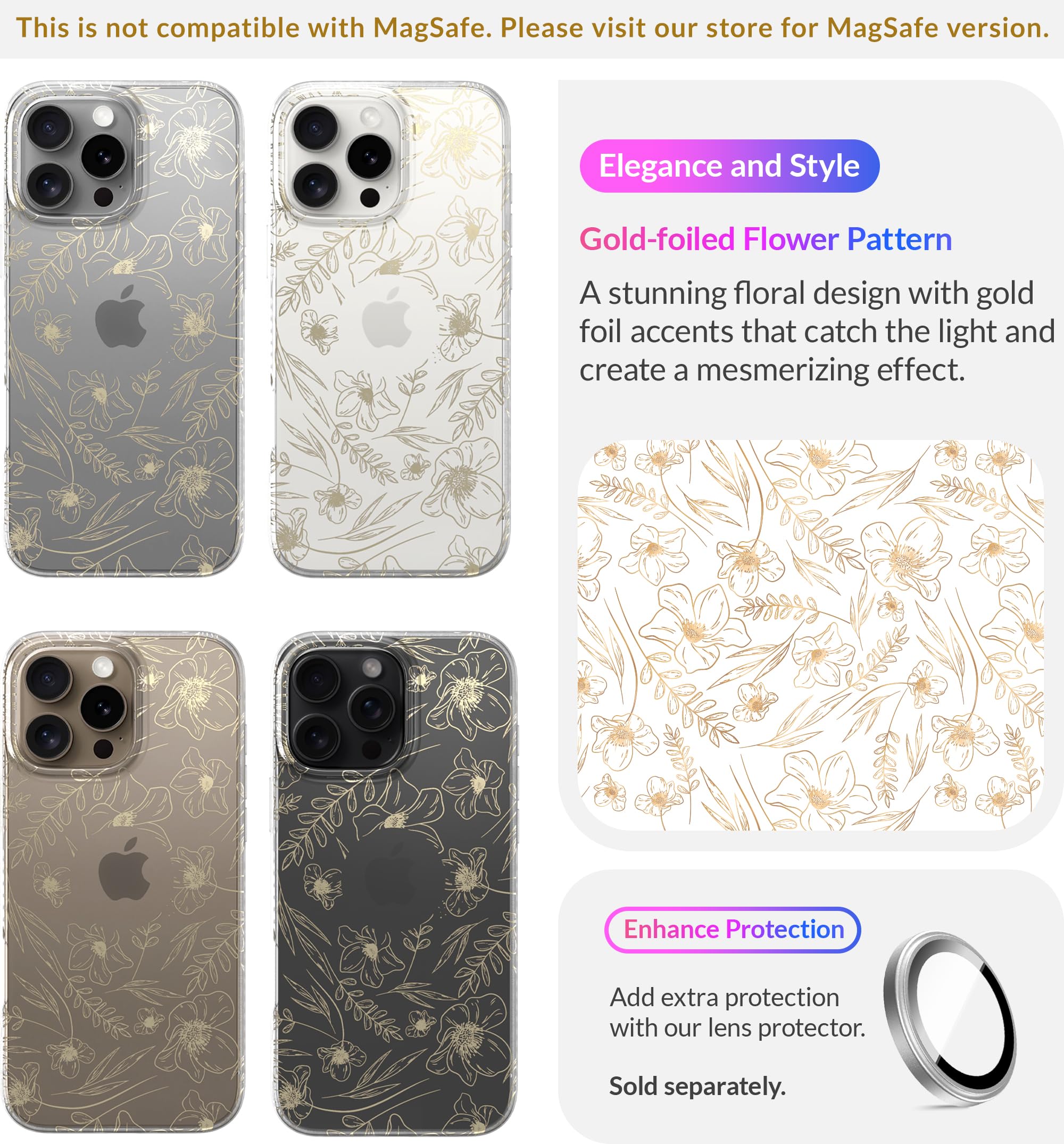 Lonli Hue   For Iphone 16 Pro Case   Gold Floral Phone Case   [360 Shock Absorbent Bumper]   Cute, Unique And Aesthetic Phone Co
