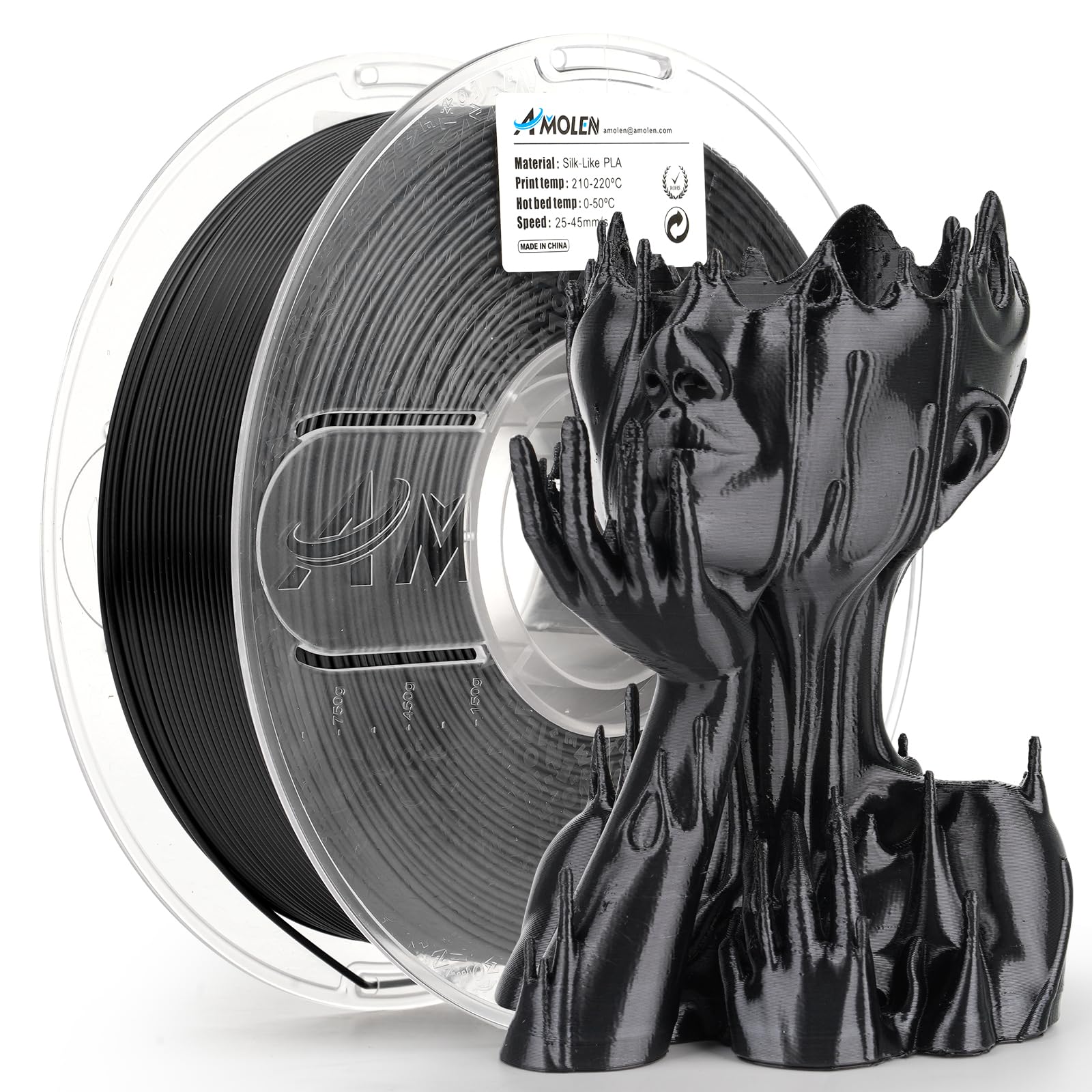 Amolen Silk Pla 3D Printer Filament, Shiny Silk Black Pla Filament 1.75Mm, 3D Printing Pla Filament For Most 3D Printer, 1Kg Spo