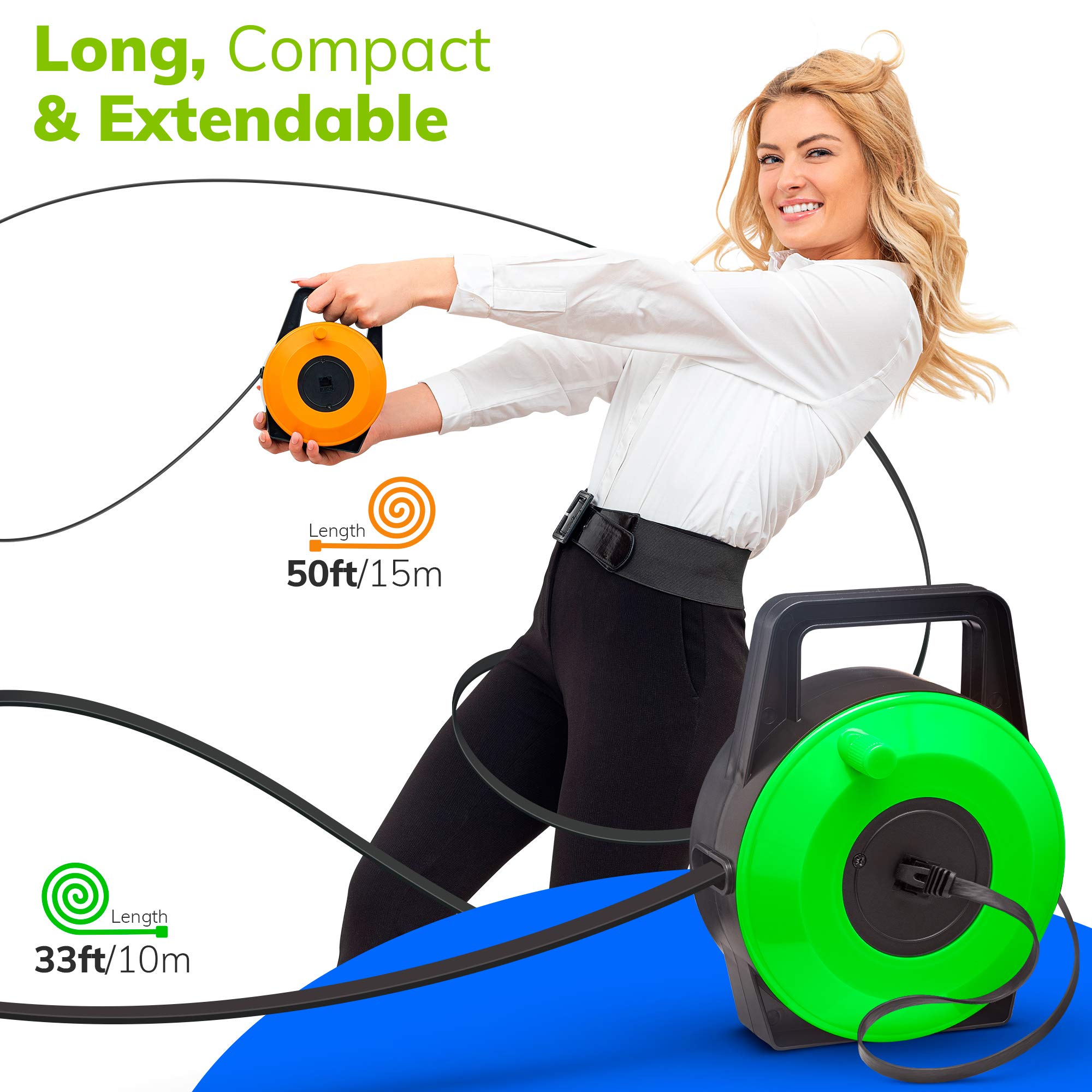 Extngo Retractable Network Cable Extender, 33 Feet   Cat 6 Ethernet Cable Flat Portable 1Gbps Data Speed Swiftly Setup Temp Netw