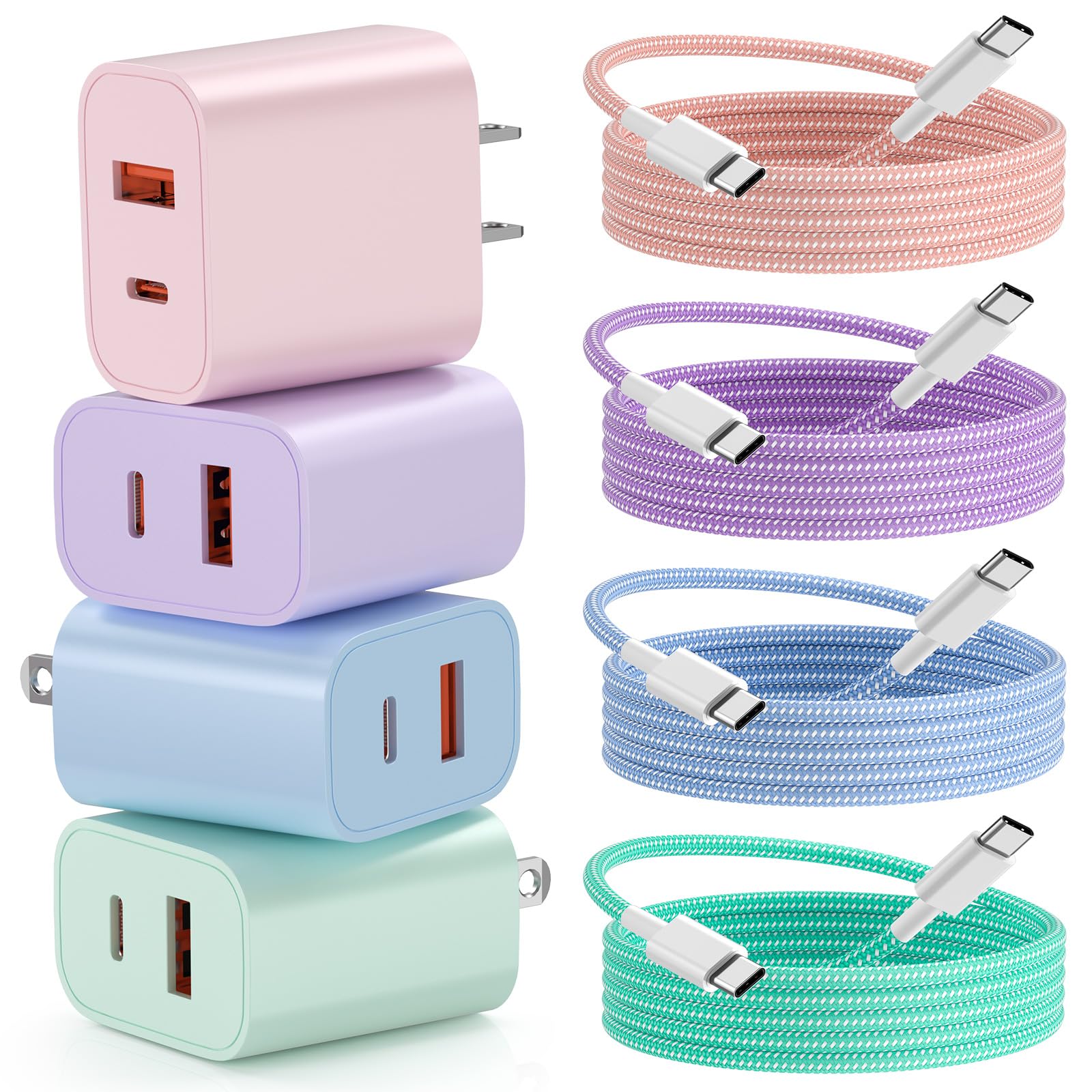 Fast Charger For Iphone 16 15, 4 Pack 20W Dual Port A/C Wall Charger Block For Iphone With 6Ft Usb C Fast Charging Cable Compati