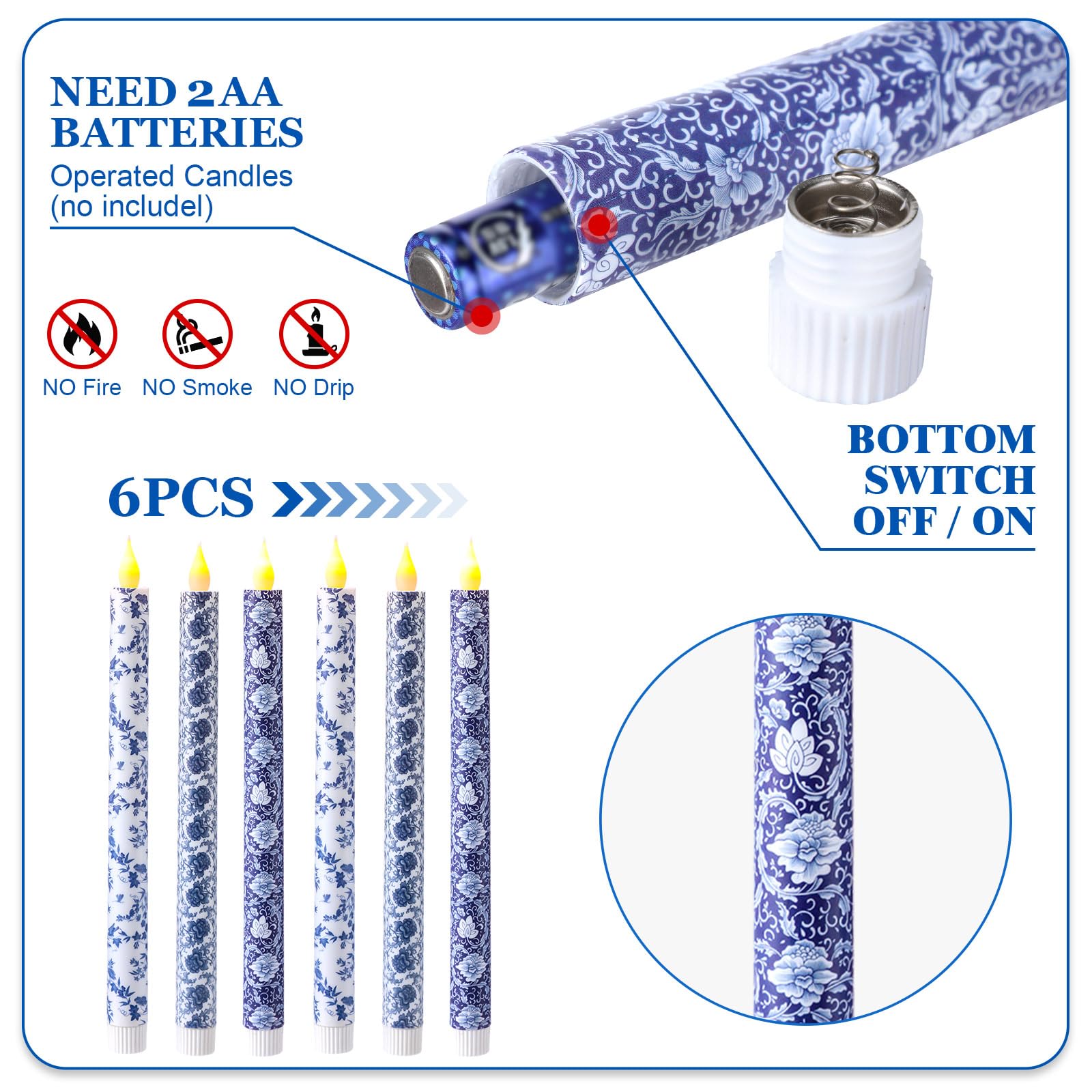 Baquler 6 Pcs Chinoiserie Flameless Candles 10.6 Inch Blue And White Battery Operated Led Candlesticks Chinoiserie Decor For Wed
