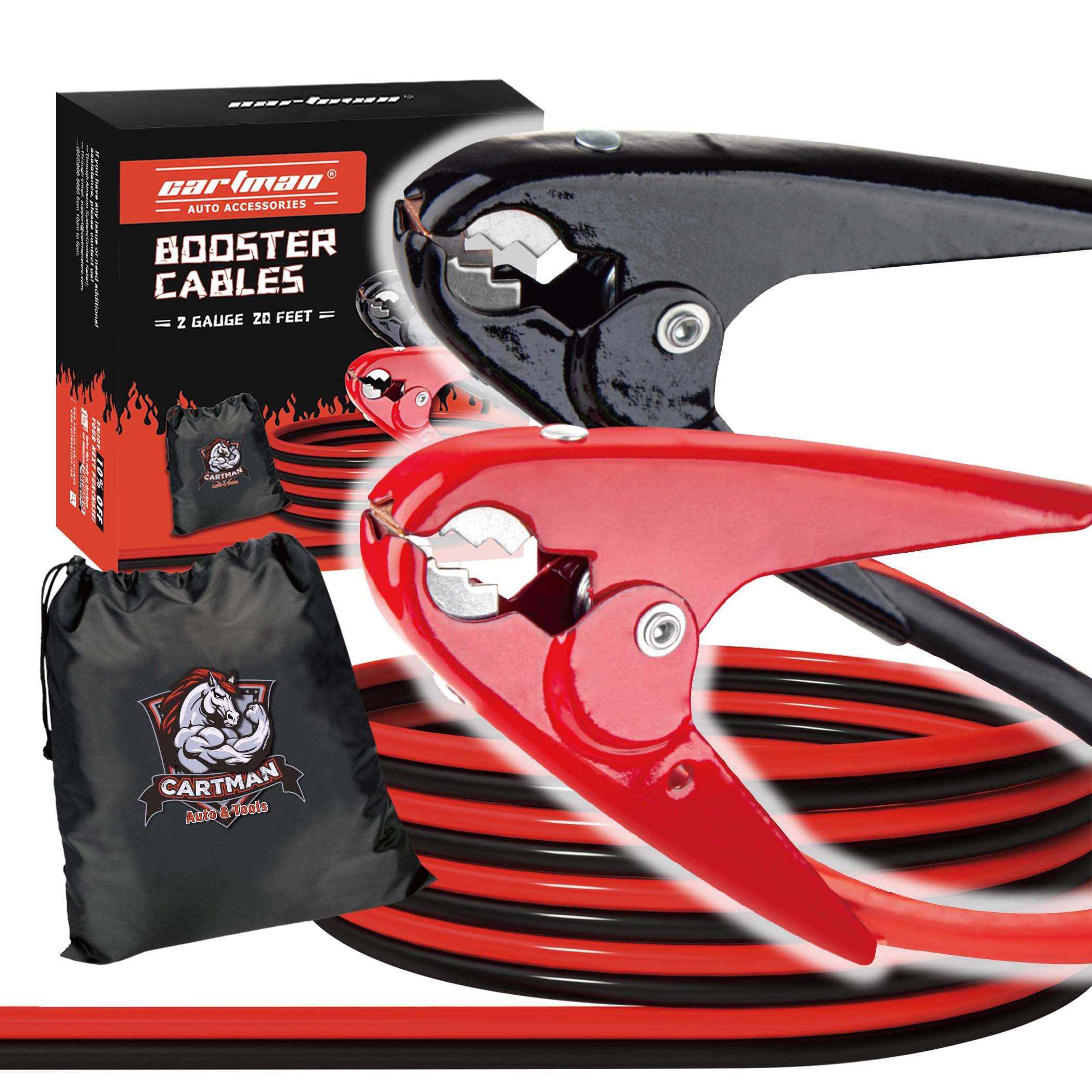 Cartman 2 Gauge 20Feet Jumper Cable For Car, Heavy Duty Booster Cables With Carry Bag