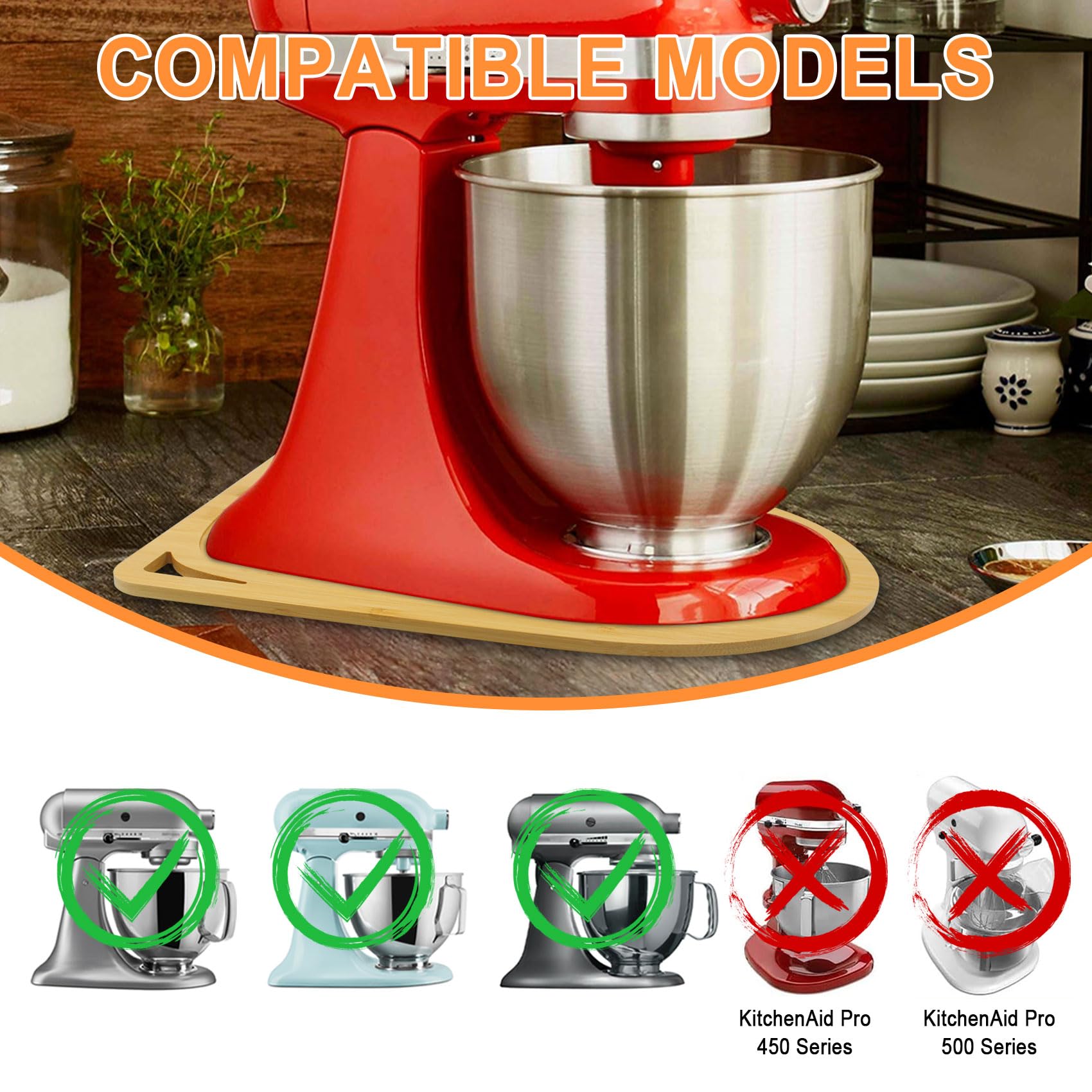 Bamboo Mixer Mat Slider Compatible With Tilt Head Kitchen Aid 4.5 5 Qt Stand Mixer   Kitchen Countertop Storage Mover Sliding Ca