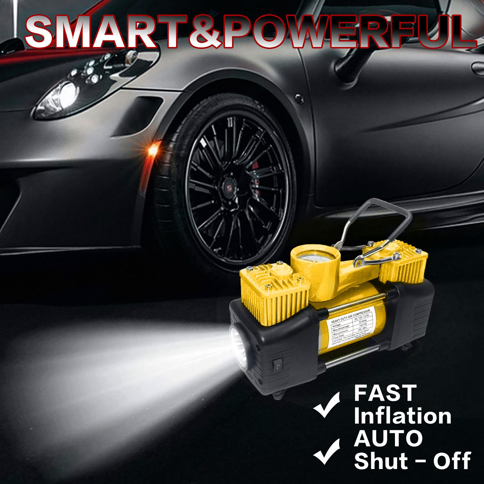 Yellow Tire Inflator Heavy Duty Double Cylinders Direct Drive Inflation Pump,12V Portable Air Compressor Pump With Led Light Dig
