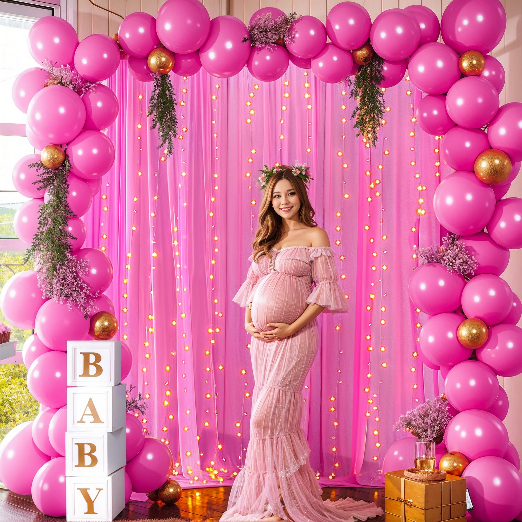 10  10Ft Hot Pink Tulle Backdrop Curtain With Lights String For Parties, Sheer Curtain Backdrop Drapes For Wedding Party Home De